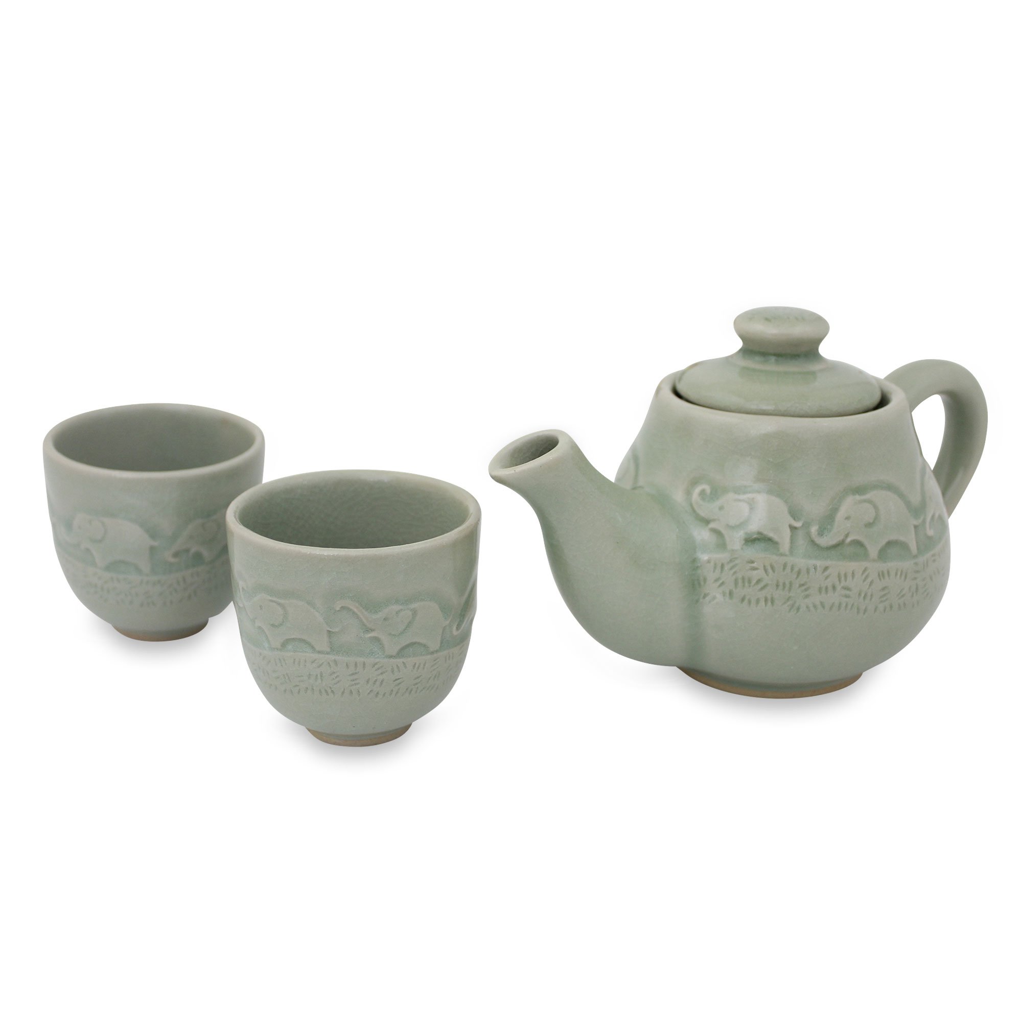 NOVICA Elephant Family Celadon Ceramic Tea Set for 2 - Handmade Asian Tea Cups with Saucers - Perfect for Afternoon Tea, Gift Giving & Home Decor