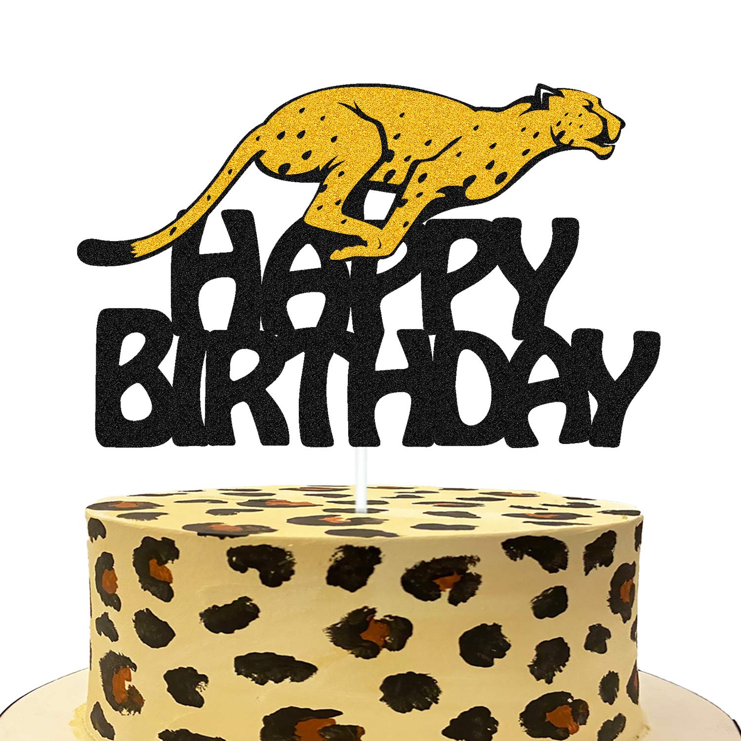 Cheetah Cake Topper - Glitter Black Animal Silhouette for Birthday Cake Decorations | Happy Birthday Party Supplies for Kids, Boys & Girls | Perfect for Jungle Theme, Wild Animal Birthday Parties & Cake Decorating