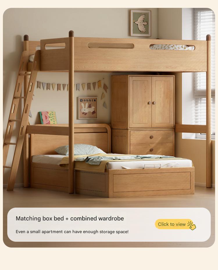 Solid Oak Wood Loft Bed with Storage Cabinet - Space-Saving Furniture for Small Rooms, Kids Bedroom & Dormitory