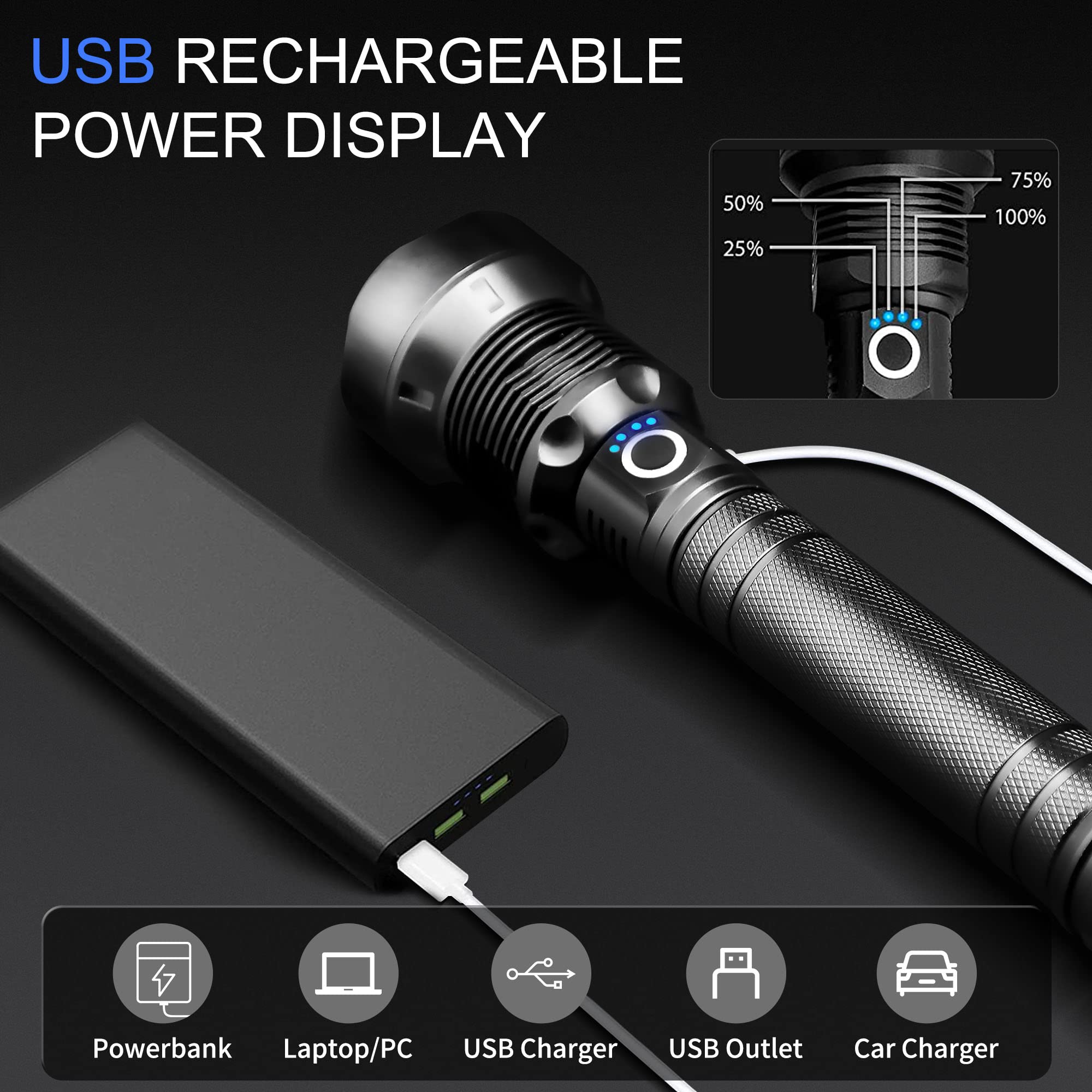 Rechargeable LED Flashlight - 100,000 Lumens Super Bright, 3 Modes, Waterproof, Zoomable - Perfect for Outdoor Camping, Hiking, Emergency & Power Outages