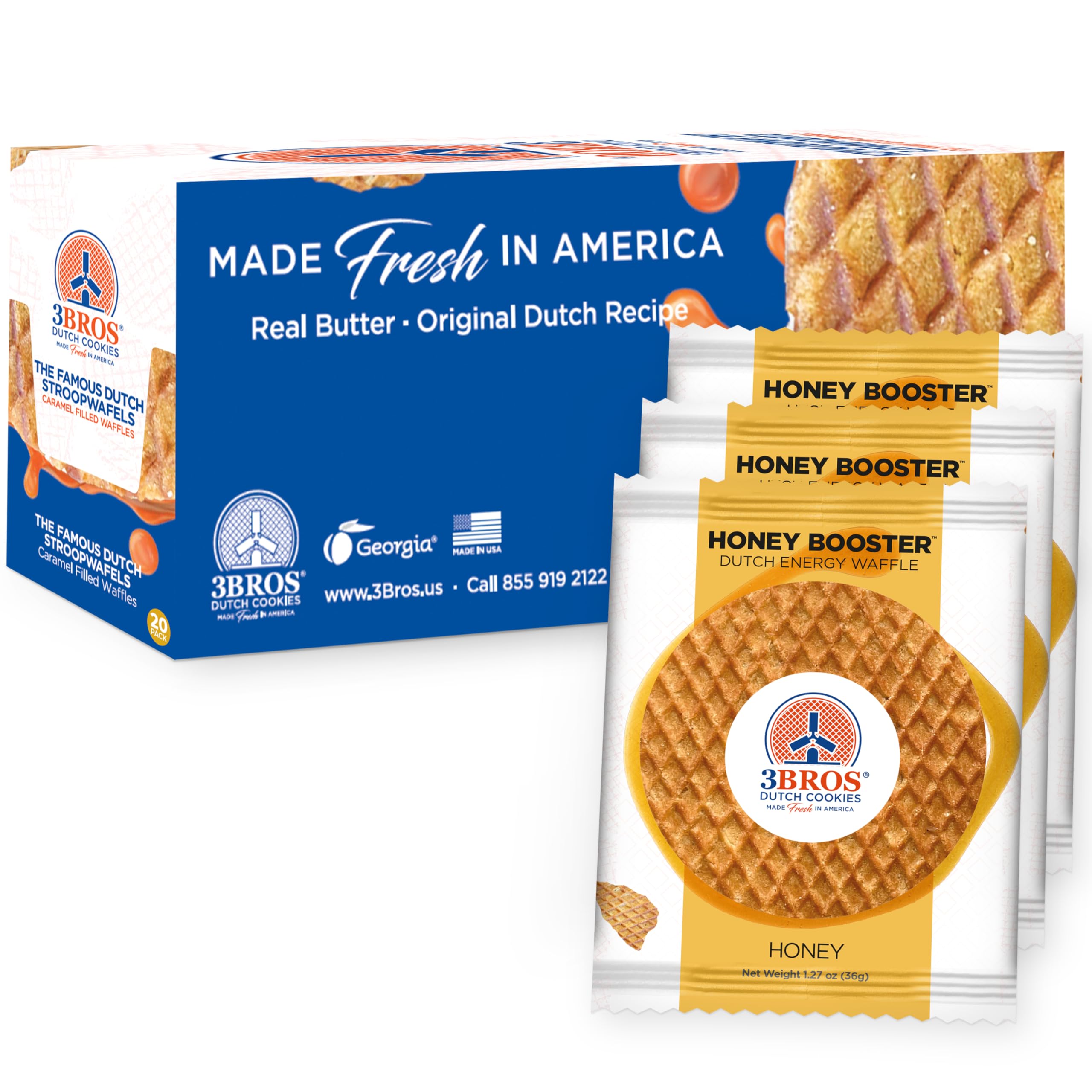 Original Dutch Honey Energy Waffles - Individually Wrapped Stroopwafels - Box of 20 - Perfect for Hiking & Office Snacks