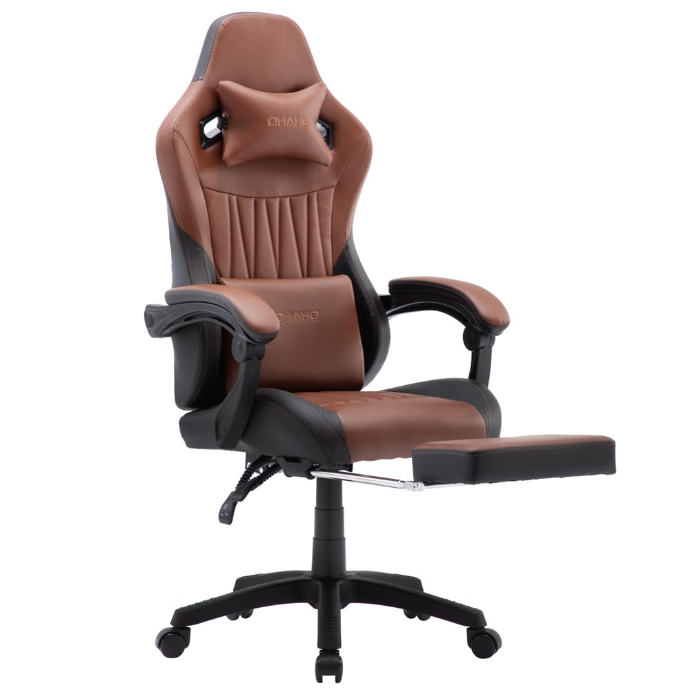 OHAHO Ergonomic Gaming Chair - High Back Office Chair with Adjustable Headrest & Lumbar Support, Leather Computer Desk Chair for Racing Game & Work (Tan) - Perfect for Home Office, Gaming Setup & Workstation