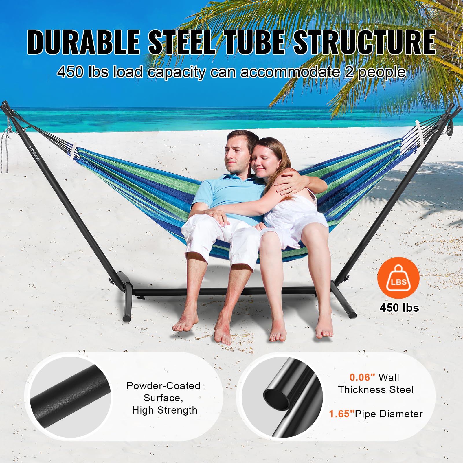 VEVOR Portable Hammock Stand - Heavy Duty 450lbs Capacity Steel Hammock Stand for 2 Person, Adjustable Hooks Frame Fits 10-13ft Hammocks - Space Saving Design with Carrying Bag for Backyard, Camping, Beach, Patio & Indoor Relaxation