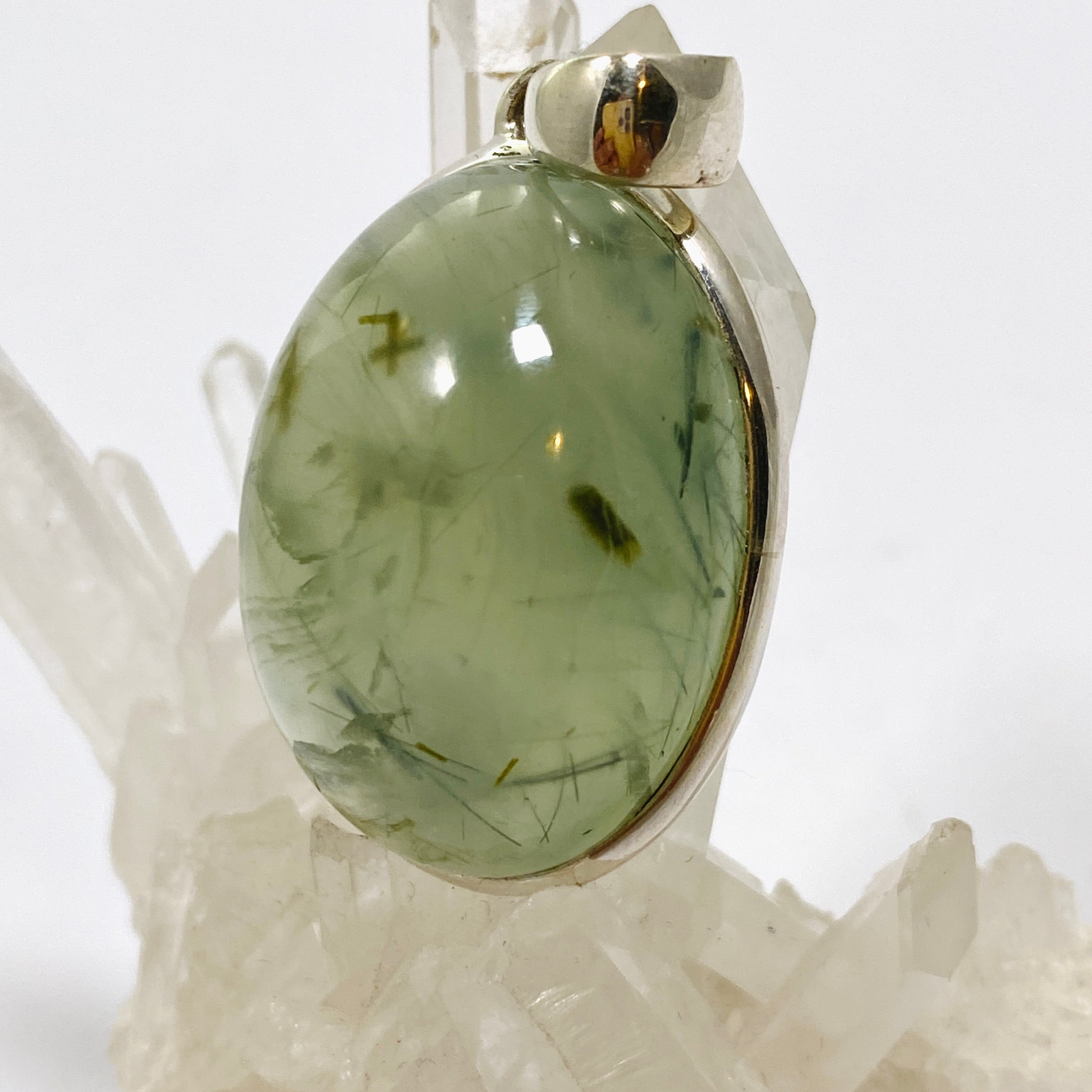 Natural Prehnite with Epidote Oval Cabochon Pendant - Handmade Gemstone Jewelry PPGJ1015 for Women, Healing Crystal Necklace for Meditation & Energy Balance