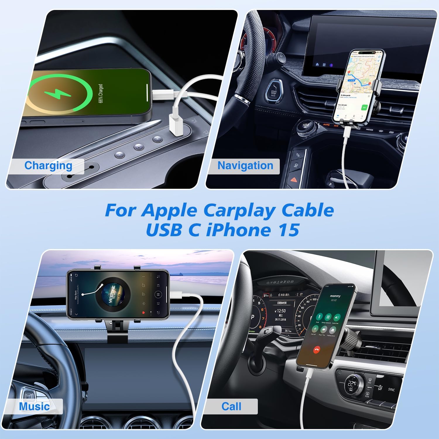 6ft USB A to USB C CarPlay Charger Cable for iPhone 16/16 Pro Max/15/15 Pro Max/15 Plus/15 Pro, iPad 12.9/11/10th Gen/Air 5th/4th Gen/Mini 6th Gen - Fast Charging & Data Sync for Car, Home & Office Use