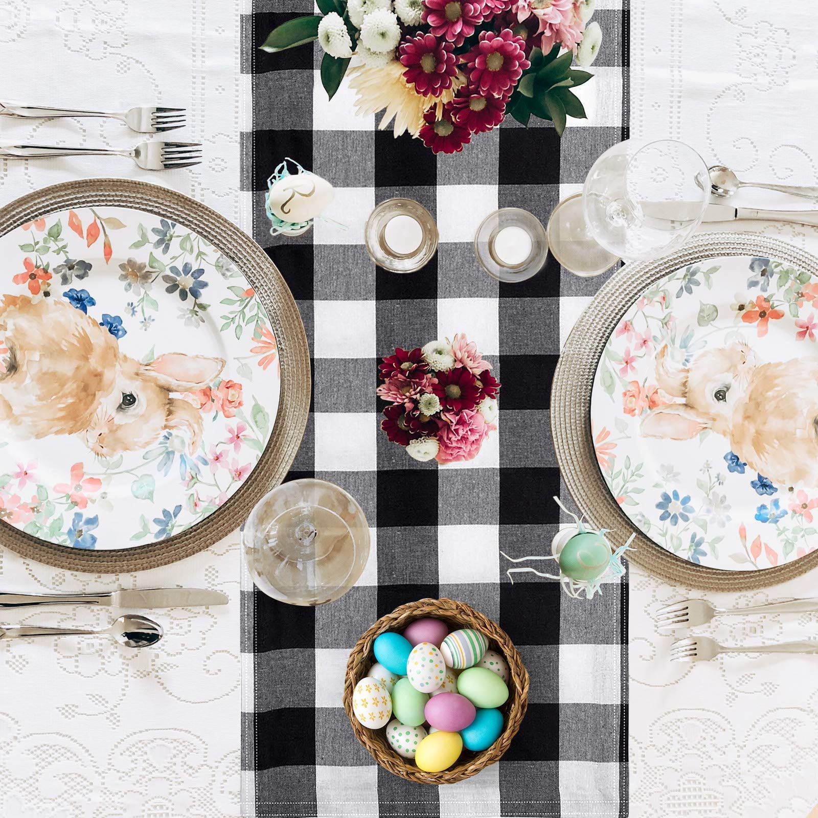 72 Inch Black and White Gingham Table Runner - Rustic Farmhouse Kitchen Decor, Buffalo Plaid Checkered Dresser Cover for Bedroom, Easter Party Table Decoration | Perfect for Spring Gatherings, Dining Room Centerpieces & Farmhouse Style Home Decor