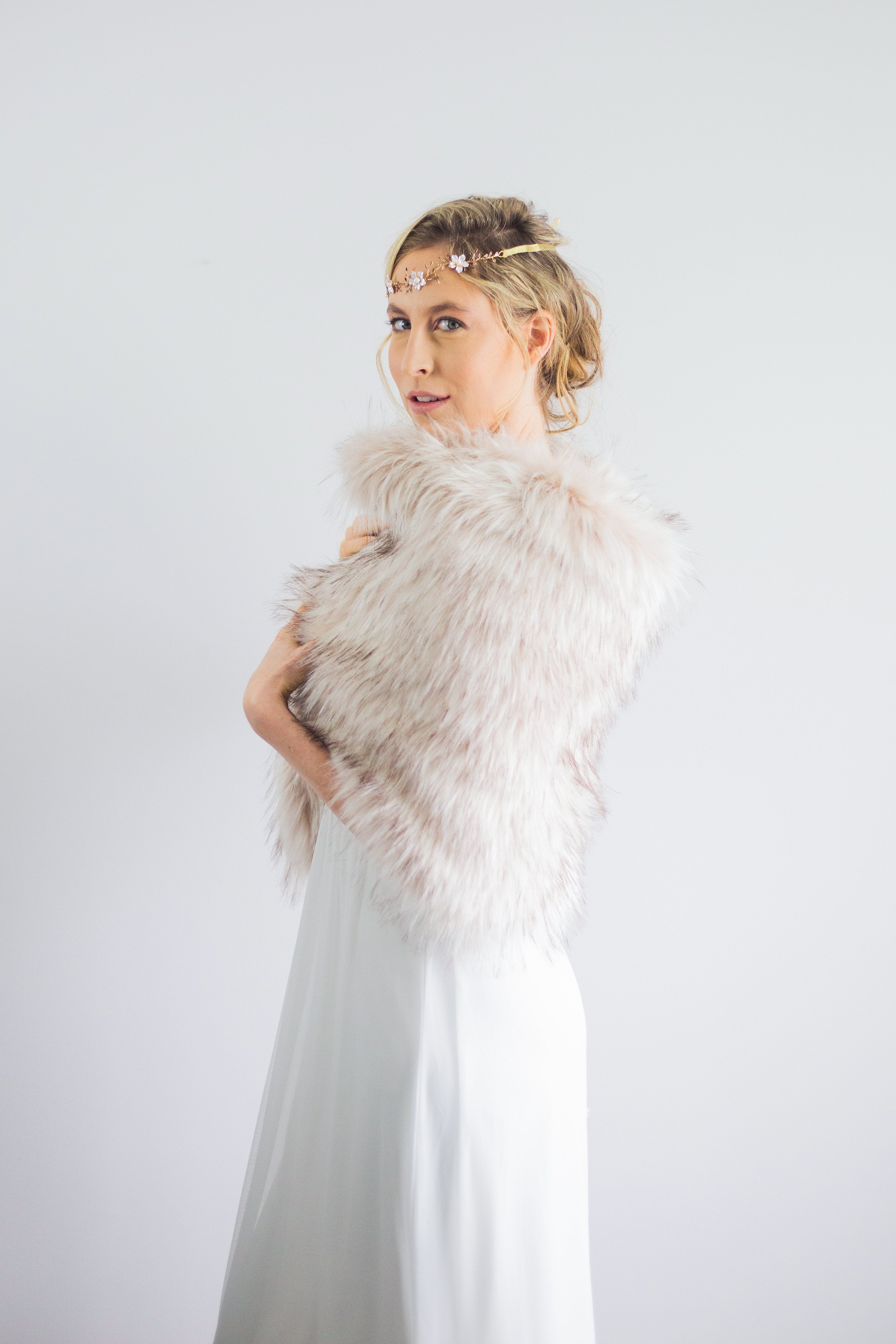 Blush Pink Faux Fur Shawl with Black Tips - Elegant Butterfly Blu02 Wrap for Women | Perfect for Weddings, Parties & Winter Fashion