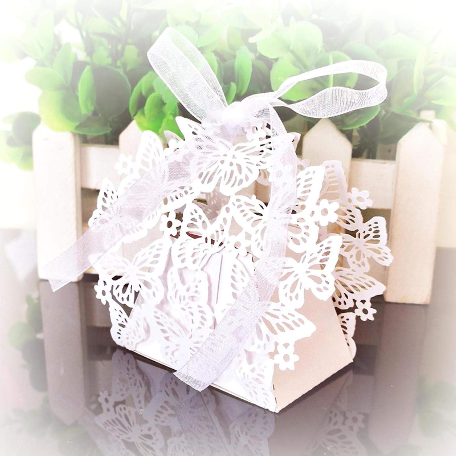 50pcs Butterfly Laser Cut Hollow Carriage Favor Candy Boxes with Ribbon - Custom Baby Shower, Wedding, Birthday Party Favors & Decorations - Perfect for Bridal Showers, Anniversary Celebrations and Special Events