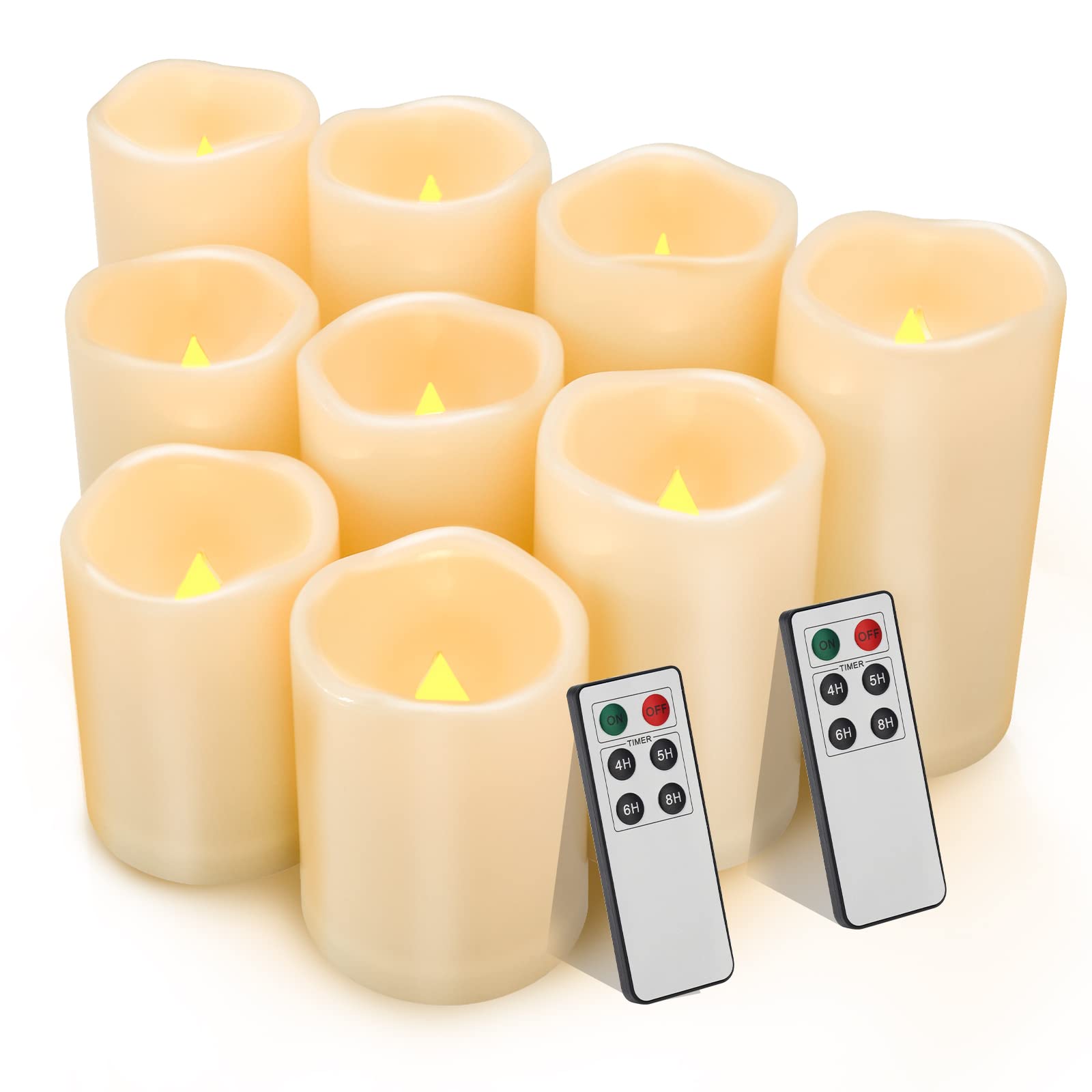 Battery Operated LED Flameless Candles with Remote Control & Timer - Set of 9 Waterproof Pillar Candles (3