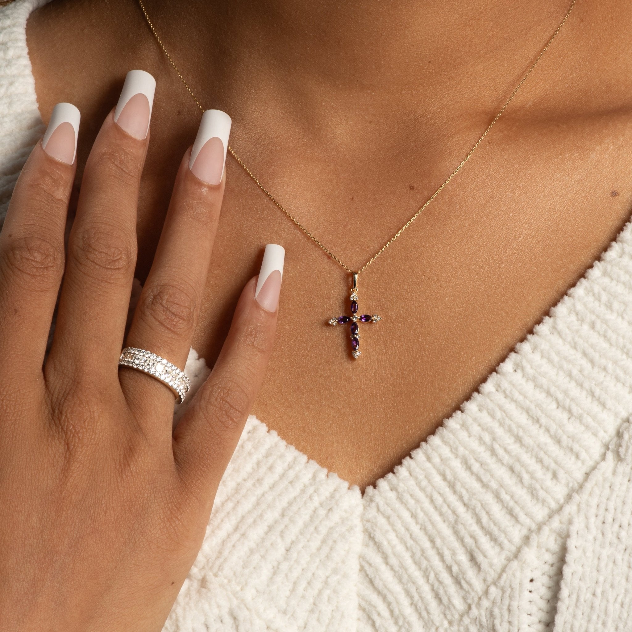 10k Yellow Gold Dainty Amethyst & White Sapphire Cross Pendant Necklace - Elegant Jewelry Gift for Women, Perfect for Church, Weddings & Special Occasions