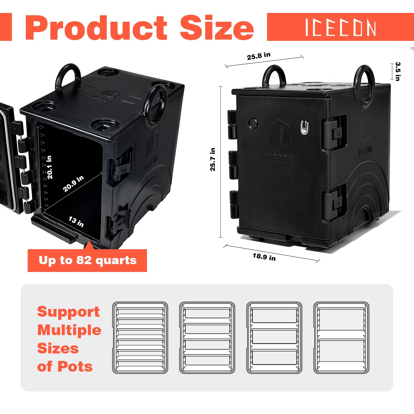 ICECON 82 Quart Insulated Food Pan Carrier - Front Loading Hot Box for Catering, Stackable LLDPE Food Warmer with Wheels Holds 5 Full-Size Pans - Perfect for Restaurants, Canteens & Buffet Service