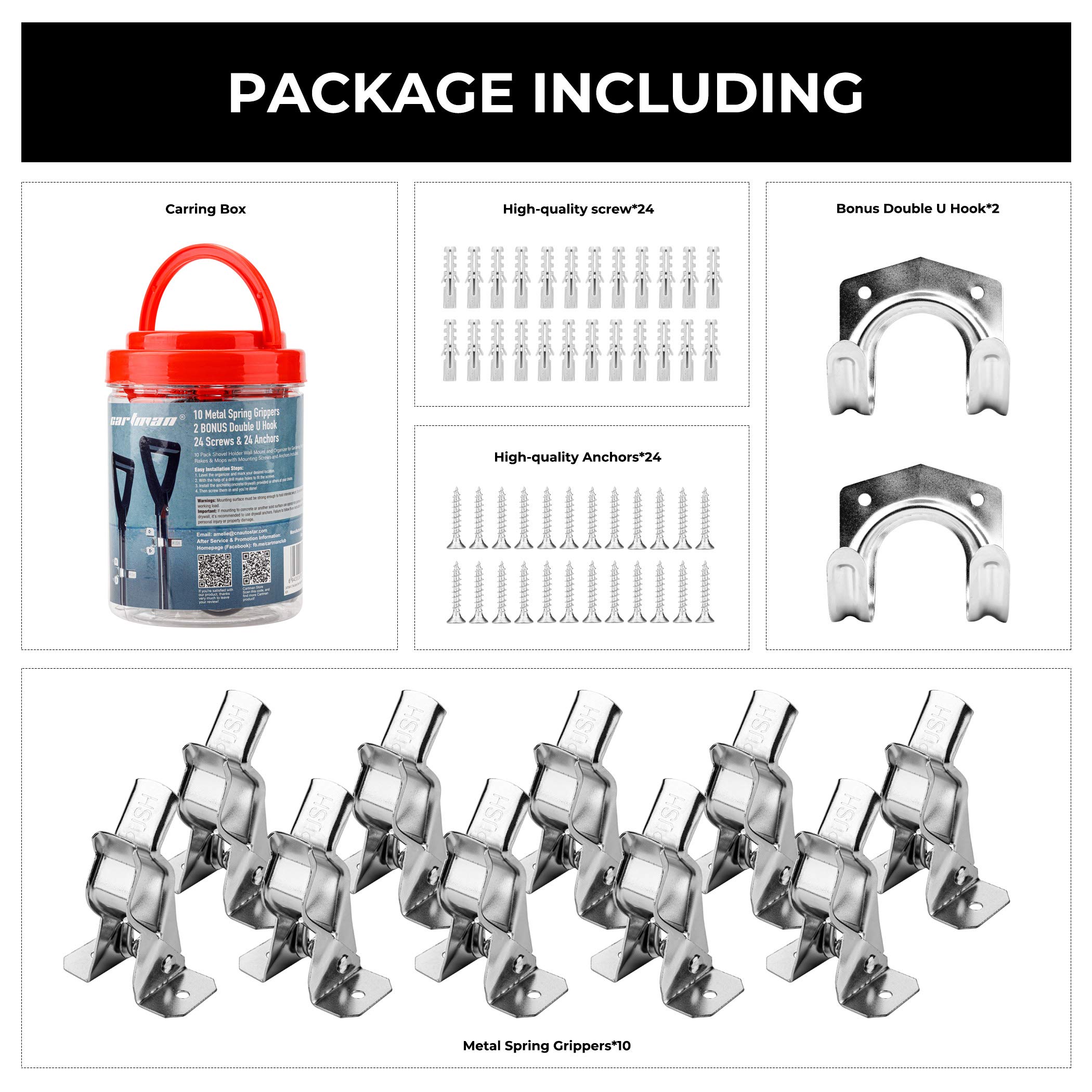 Cartman 12-Piece Heavy Duty Garage Hooks & Wall Organizer Set - Quick Fist Metal Spring Clamps for Shovel, Rake, Broom, Mop Holder - Perfect for Garage, Shed, Workshop & Closet Organization
