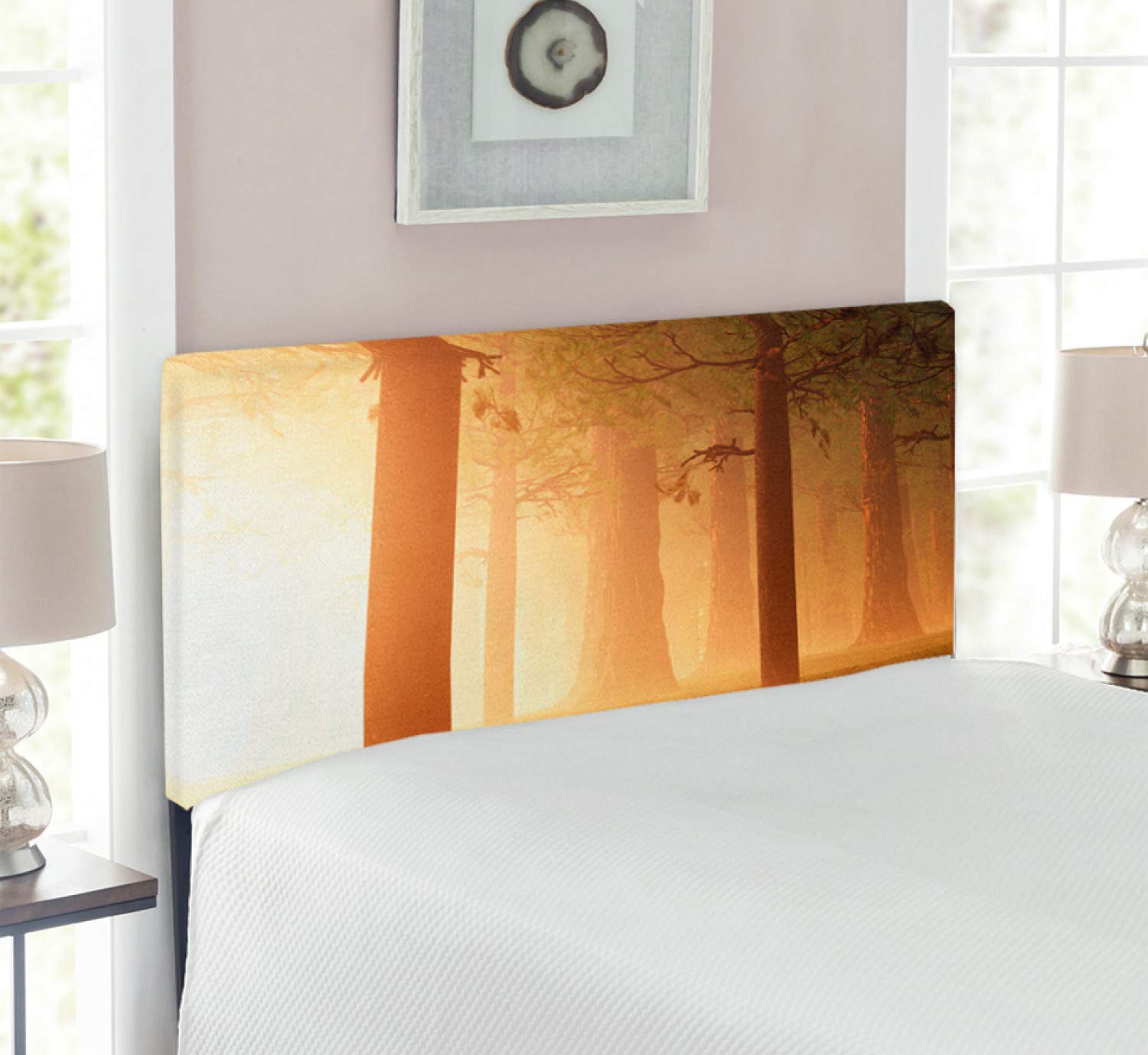 Ambesonne Upholstered Twin Size Headboard - Foggy Mist Jungle with Sun Beams Woodland Nature Design, Decorative Metal Bed Frame with Memory Foam, Tan | Perfect for Bedroom Decor, Guest Room, Dormitory & Nature-Themed Interior Design