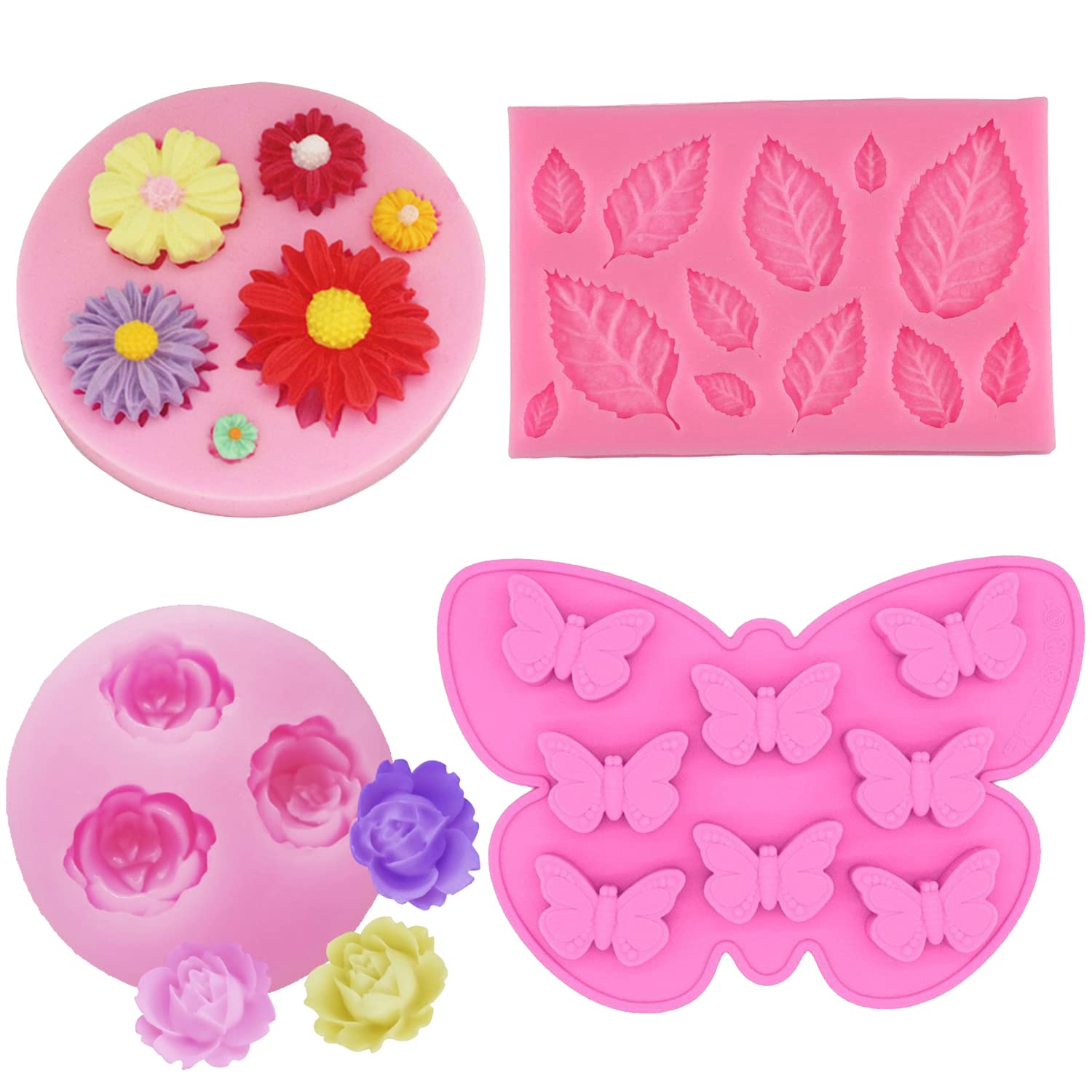 WAGA 4-Pack Non-Stick Silicone Fondant Molds Set - Mini Flower, Butterfly & Leaf Shapes for Cake Decorating | Polymer Clay Molds for DIY Crafts, Cupcakes & Wedding Cake Designs (Rose/Butterfly/Leaves)