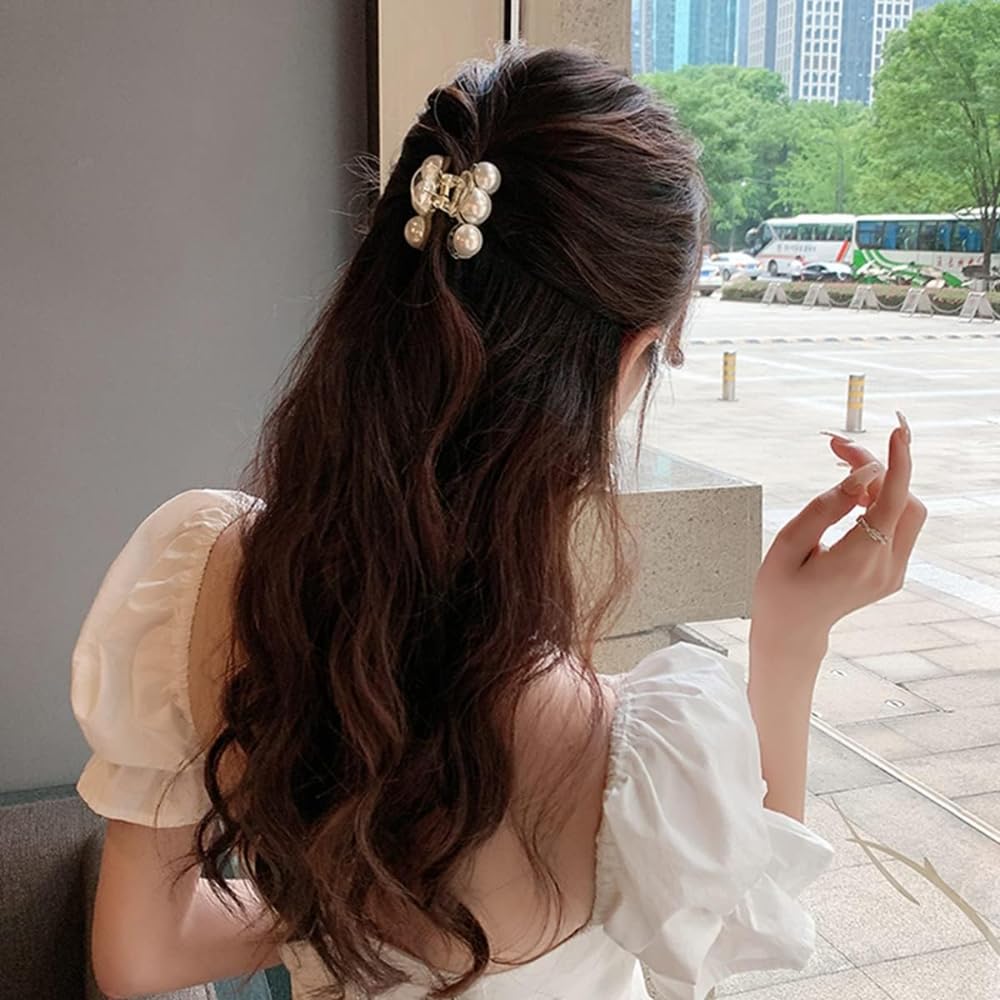 Korean Style 3-Piece Pearl Hair Claw Clip Set - Large Strong Hold Hair Jaw Clips & Barrettes for Women (White) | Perfect for Thick/Thin Hair Styling, Office, Wedding & Everyday Use