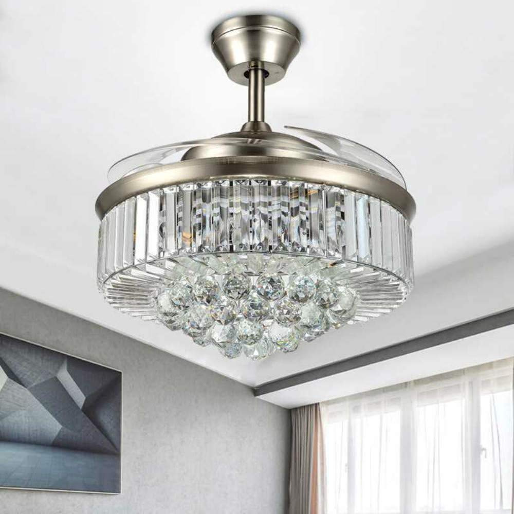 36 Inch Invisible Ceiling Fan with Remote Control - 6 Speed Adjustable Retractable Blades & Color Changing LED Lights - Modern Chandelier Style for Bedroom, Living Room & Indoor Spaces (Chrome-03) - Perfect for Home Cooling and Ambient Lighting