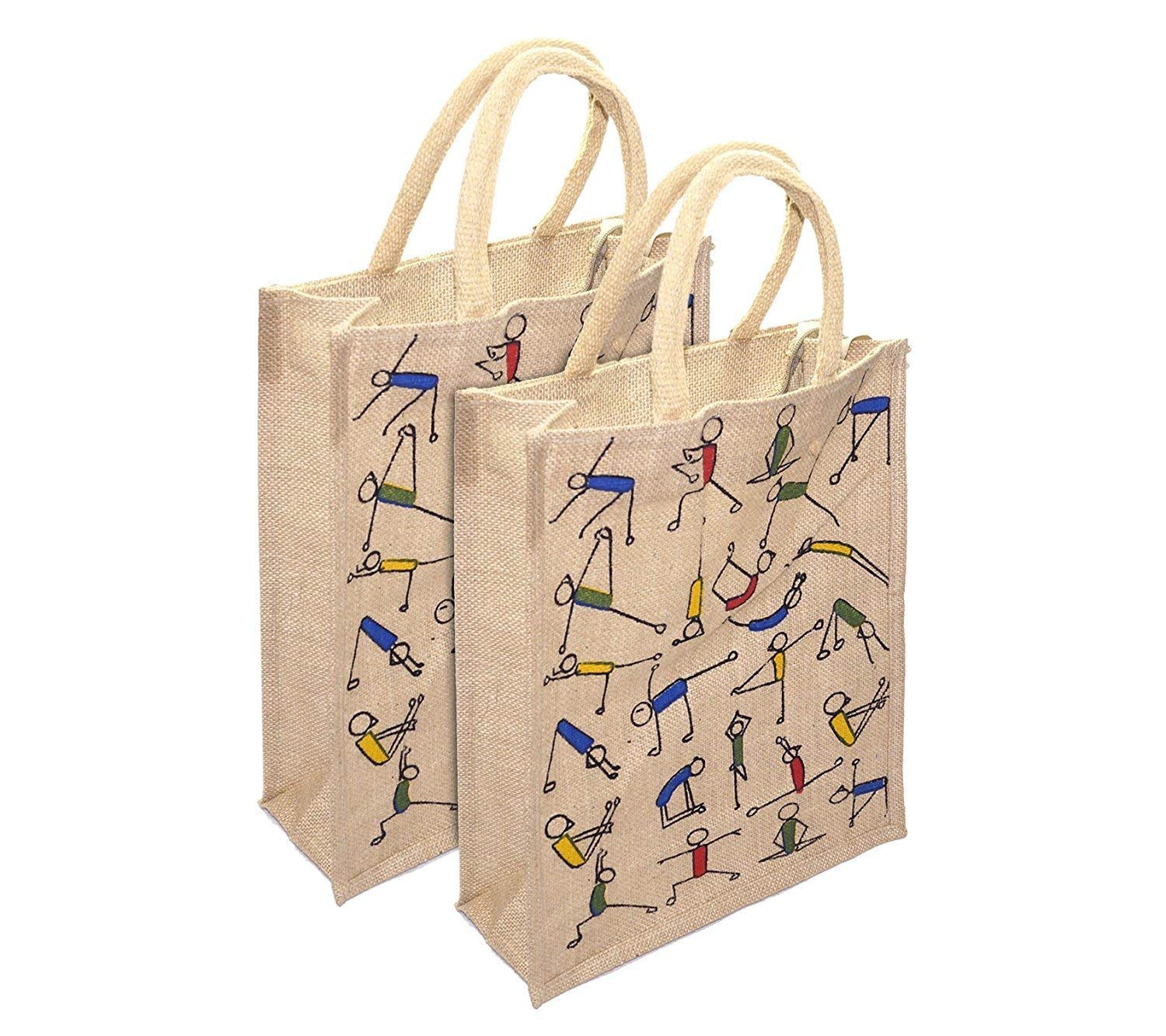 Eco-Friendly Jute Lunch Bags for Men & Women | Reusable Zippered Jute Shopping Tote with Yoga Print | Sustainable Tiffin Carrier & Grocery Bag | Pack of 2 | Perfect for Office, Picnics & Yoga Classes
