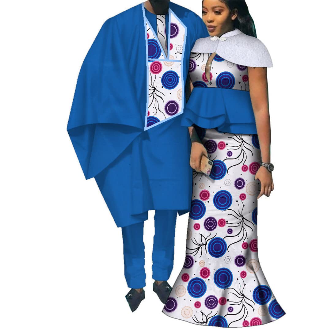 African Print Long Patchwork Dresses for Women & Men's Robe Pants - Traditional Couple Outfits for African Culture Lovers - Perfect for Weddings, Festivals and Cultural Events - 24fs1222 L