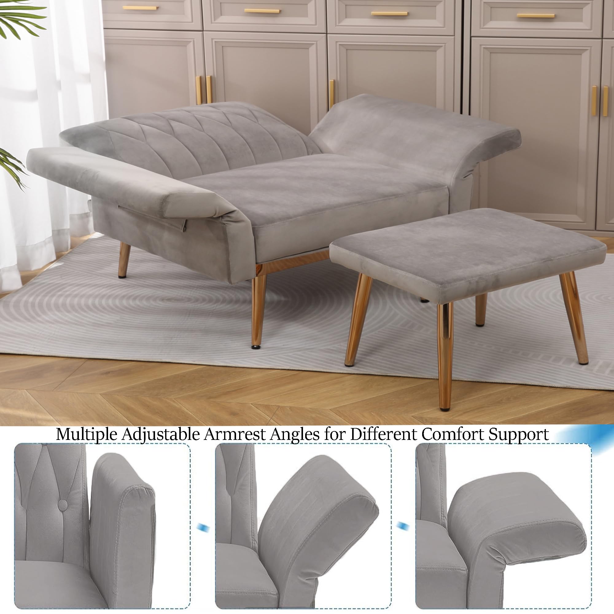 Modern Velvet Chaise Lounge Chair with 3 Reclining Positions - Convertible Recliner to Bed, Adjustable Futon Sofa Sleeper for Living Room, Bedroom, Apartment, Dorm & Office - Soft Grey Velvet Upholstery - Perfect for Lounging, Napping & Small Space Living