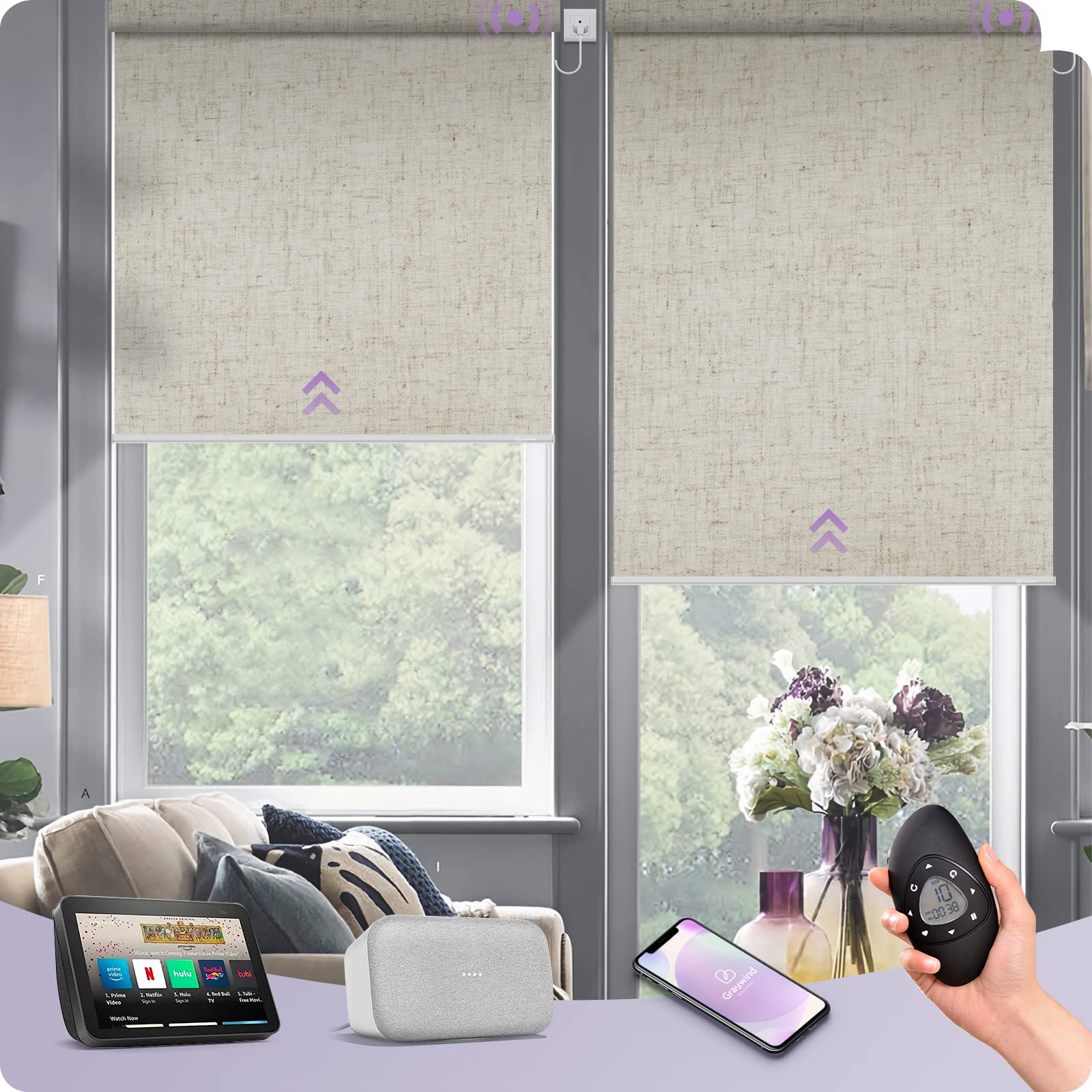 Graywind Motorized Smart Roller Shades - 100% Blackout, Alexa & Google Home Compatible, WiFi & Hardwired Remote Control, Custom Size Window Blinds with Valance (B-Linen Beige) - Perfect for Bedrooms, Home Theaters & Light-Sensitive Spaces