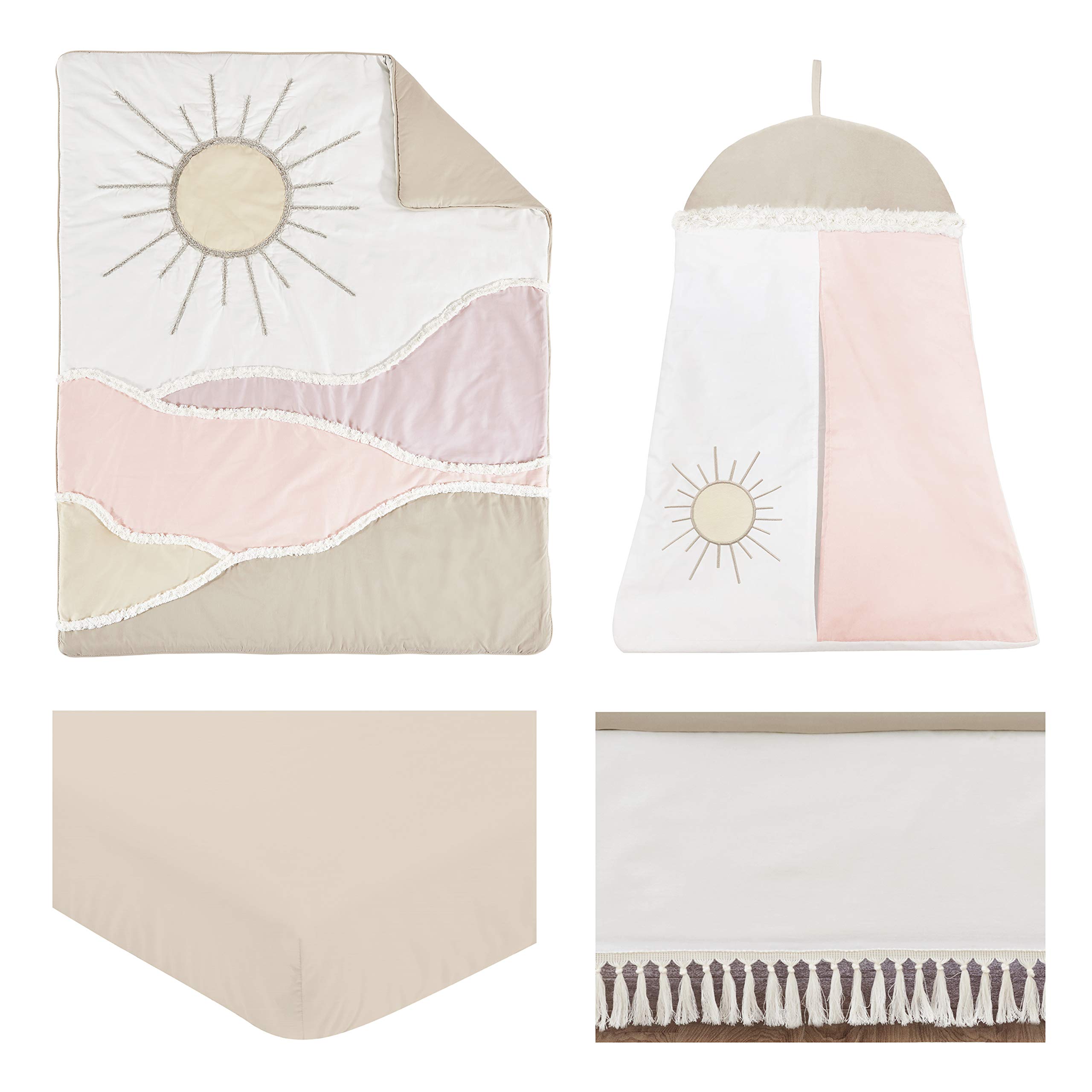 Sweet Jojo Designs Boho Desert Sun Baby Girl Nursery Crib Bedding Set - 4 Piece Cotton Crib Set in Blush Pink, Mauve, Gold, Ivory & Taupe - Bohemian Southwest Nature Theme with Geometric Patterns & Tassels - Perfect for Boho Chic Nursery, Baby Shower Gift & Newborn Photo Shoots