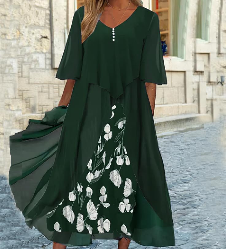 Plus Size Boho Floral Chiffon Maxi Dress for Women - Elegant V Neck Summer Wedding Guest Dress & Cocktail Party Outfit | Beach Vacation, Date Night, Formal Occasions