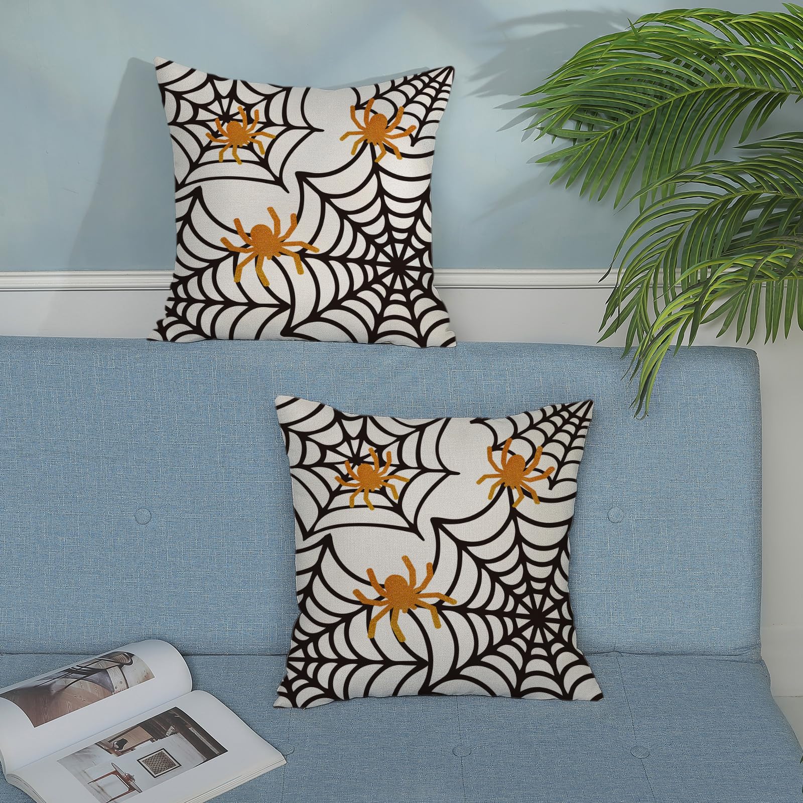 Spider Web Throw Pillow Covers 16x16 Inch Set of 2 - Halloween Farmhouse Decor, Outdoor Spider Web Cushion Cases for Sofa, Bed, Home & Office - Perfect for Halloween Party Decorations & Cozy Fall Home Decor