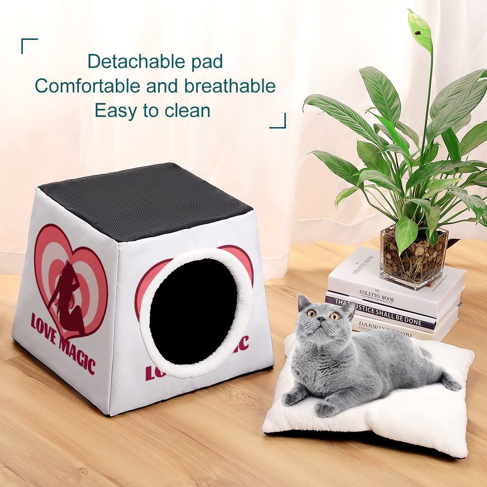 Printed Cat Houses & Condos - Foldable Cat Cube Bed with Removable Pillow - Cozy Pet Sofa for Indoor Cats | Perfect for Lounging, Napping & Playtime