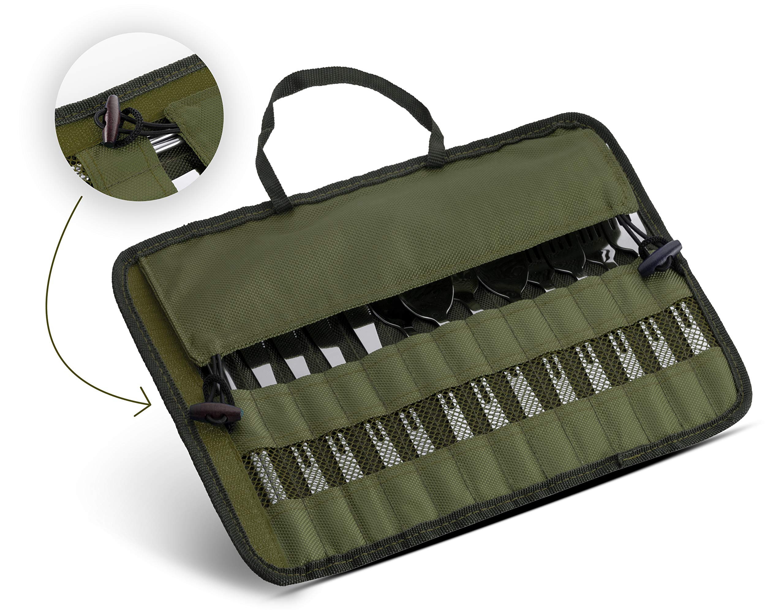13-Piece Stainless Steel Cutlery Set with Travel Case - Forks, Spoons, Knives & Chopsticks - Perfect for Camping, Hiking, BBQs, Picnics & Outdoor Dining - Durable Green Nylon Commuter Case