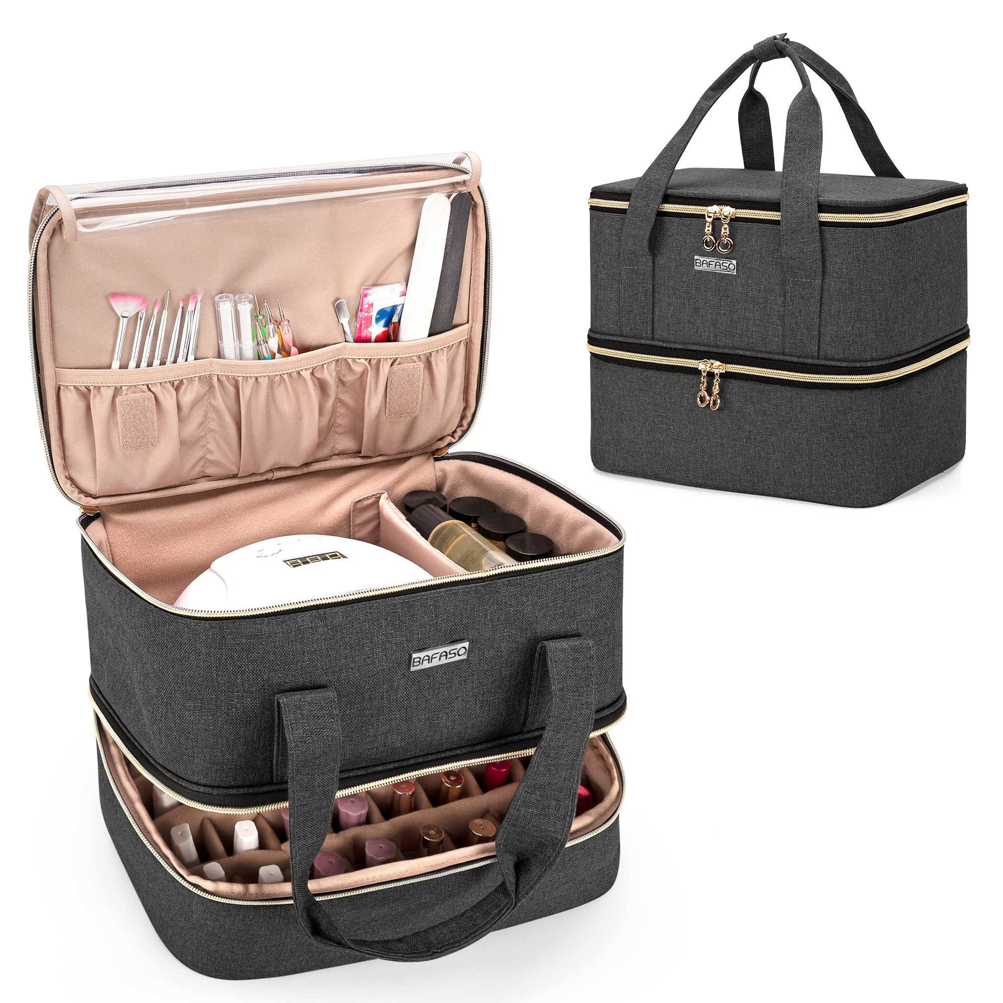 BAFASO Professional Nail Polish Organizer Case - Holds 40 Bottles (15ml/0.5oz) with UV/LED Lamp Storage & Manicure Tool Compartments | Portable Nail Art Carrying Bag for Salon, Travel & Home Use - Black