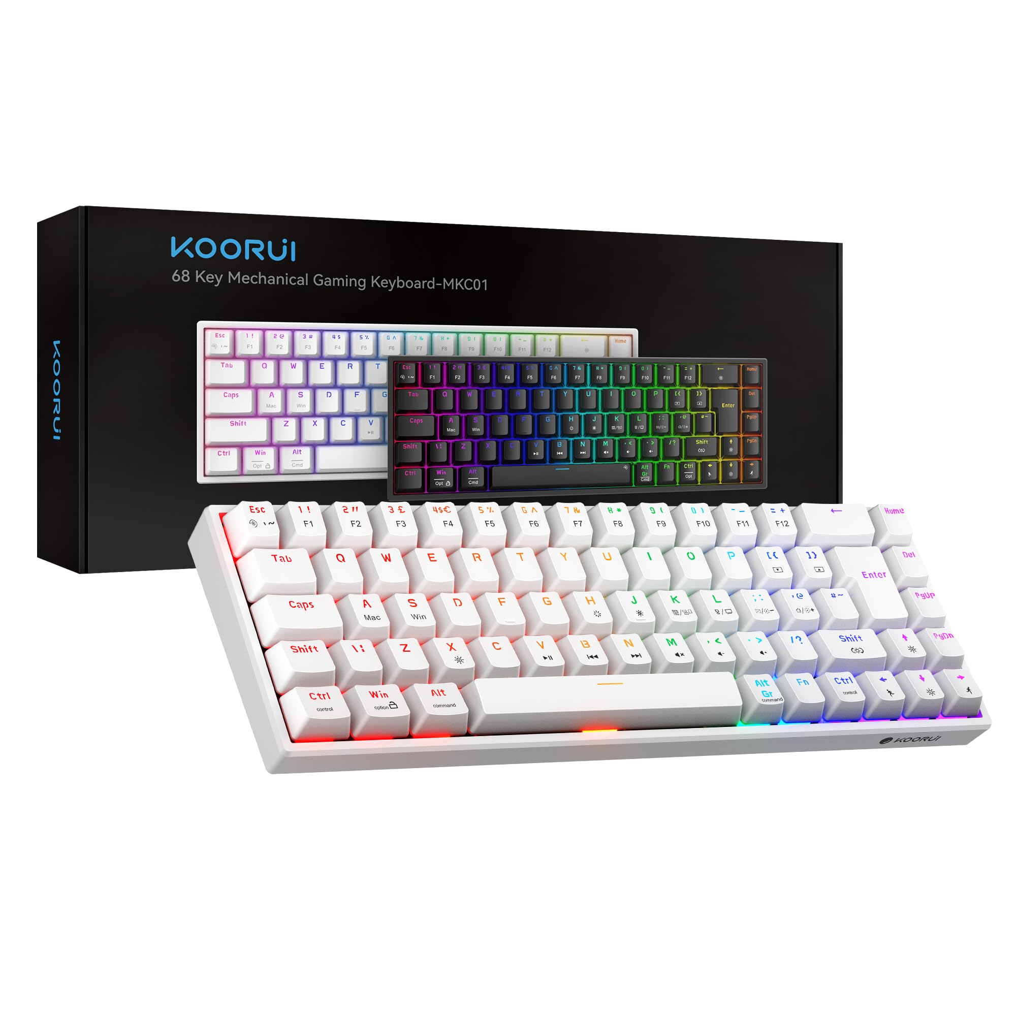 KOORUI 60% Compact Mechanical Gaming Keyboard with Blue Switches - 69 Key RGB Backlit Wired Mini Keyboard for Windows PC, Mac OS, Xbox - White | Perfect for Gaming, Office Work & Typing Enthusiasts