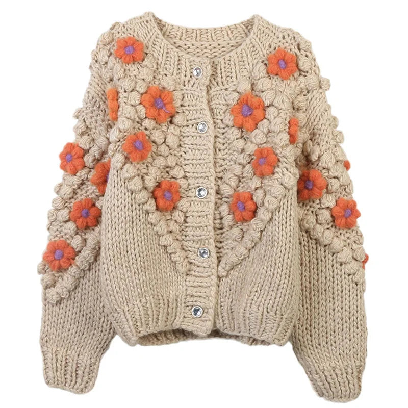 Handmade Crochet Sweater for Women - Thick Knit Winter Cardigan with Cute Flower & Fur Ball Details | Cozy Fall & Winter Fashion | Perfect for Casual Outings, Date Nights & Holiday Gatherings