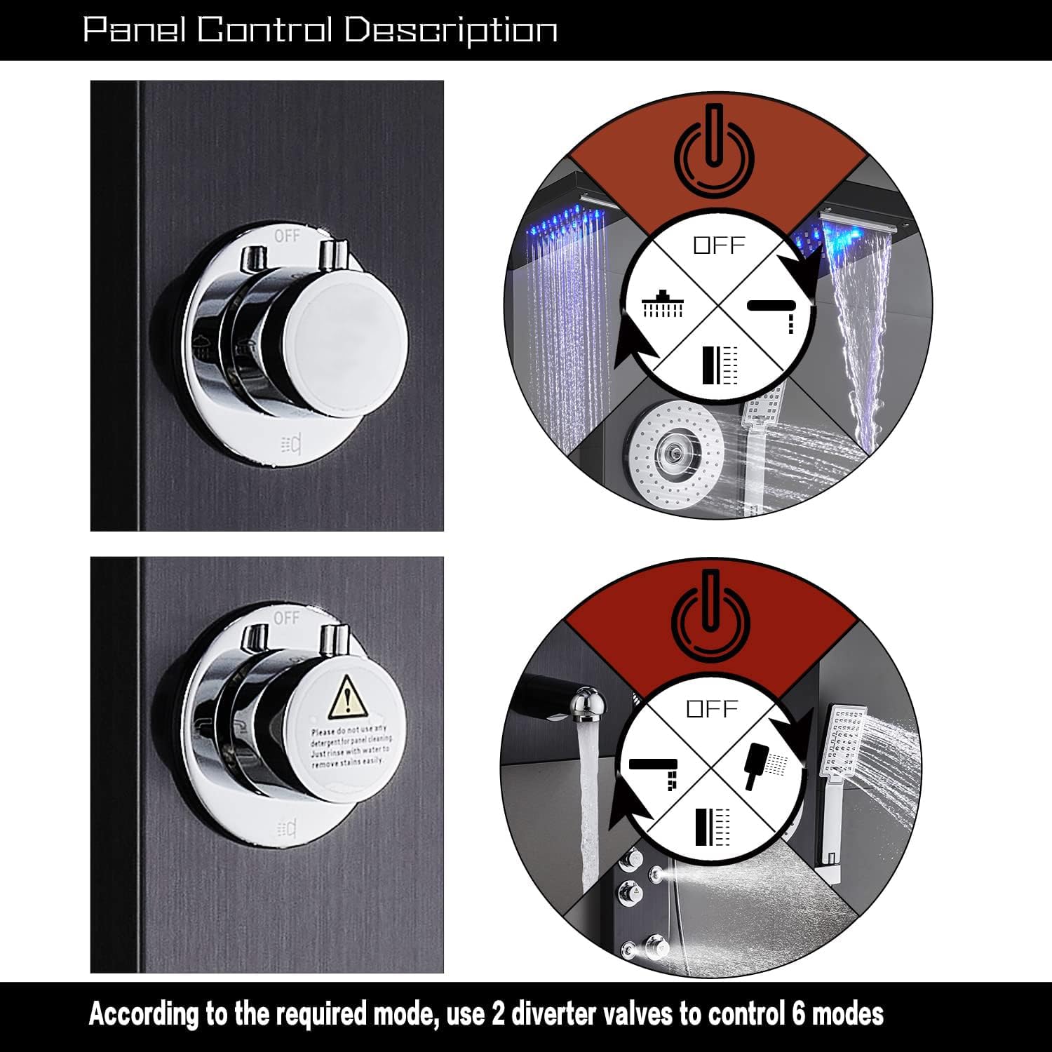 ELLO&ALLO Black Stainless Steel Shower Panel Tower with LED Rainfall Shower Head, 6 Body Jets & Massage System - Perfect for Luxury Bathroom Renovation and Spa-Like Shower Experience
