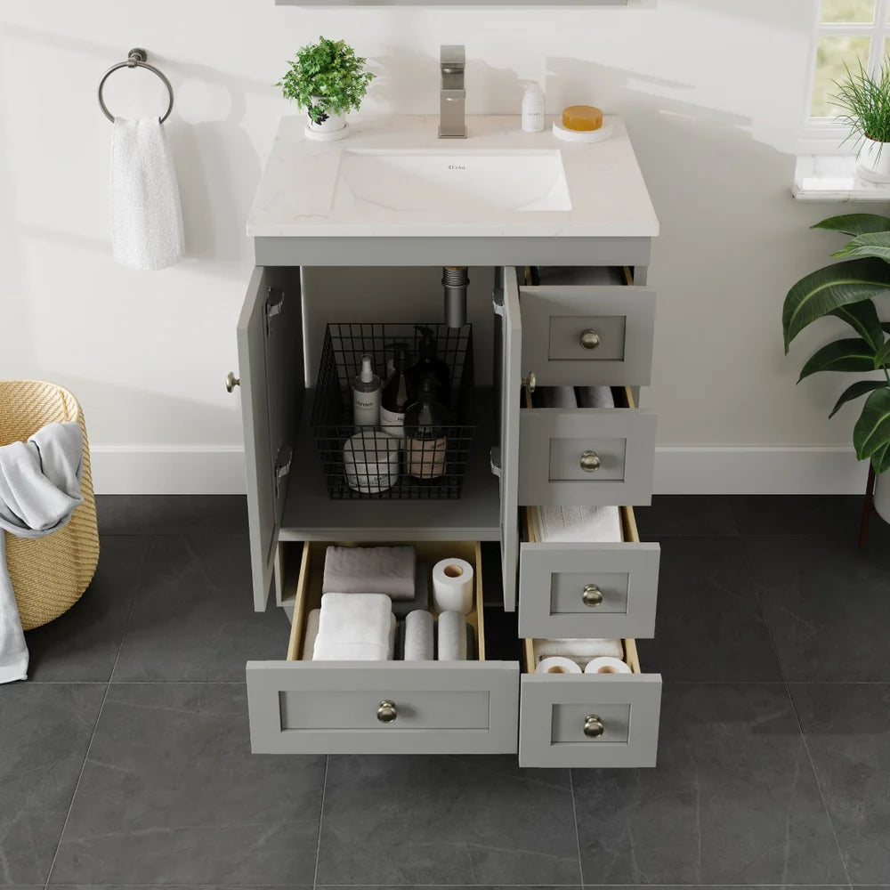 Eviva Acclaim 24 Inch Modern Bathroom Vanity Set with Carrara Quartz Countertop - Perfect for Small Bathrooms, Powder Rooms & Master Bath Renovations