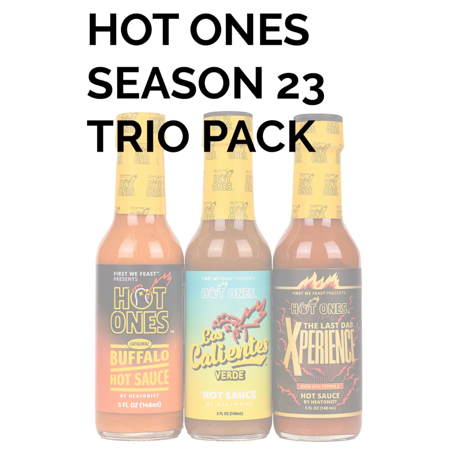 Hot Ones Season 23 The Classic Trio Hot Sauce Gift Set - Buffalo Sauce, Los Calientes Verde & The Last Dab Xperience - All Natural Ingredients - 5 fl oz Bottles (3-Pack) - Perfect for Spicy Food Lovers, Game Nights & Gift Giving