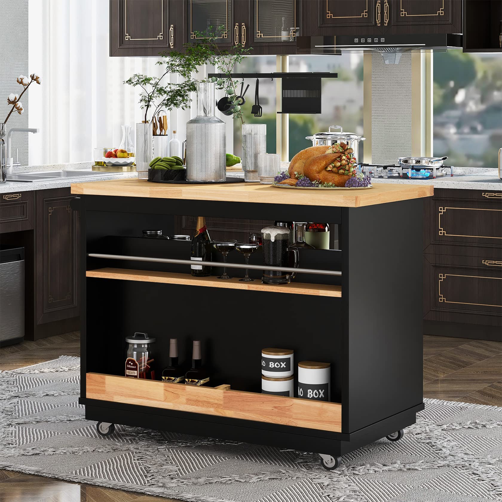 Solid Wood Top Kitchen Island on Wheels - Rolling Kitchen Cart with Storage Drawers, Cabinets, Tower Rack, Spice Rack & Wine Rack - Black - Perfect for Small Kitchens, Dining Rooms & Food Prep Areas