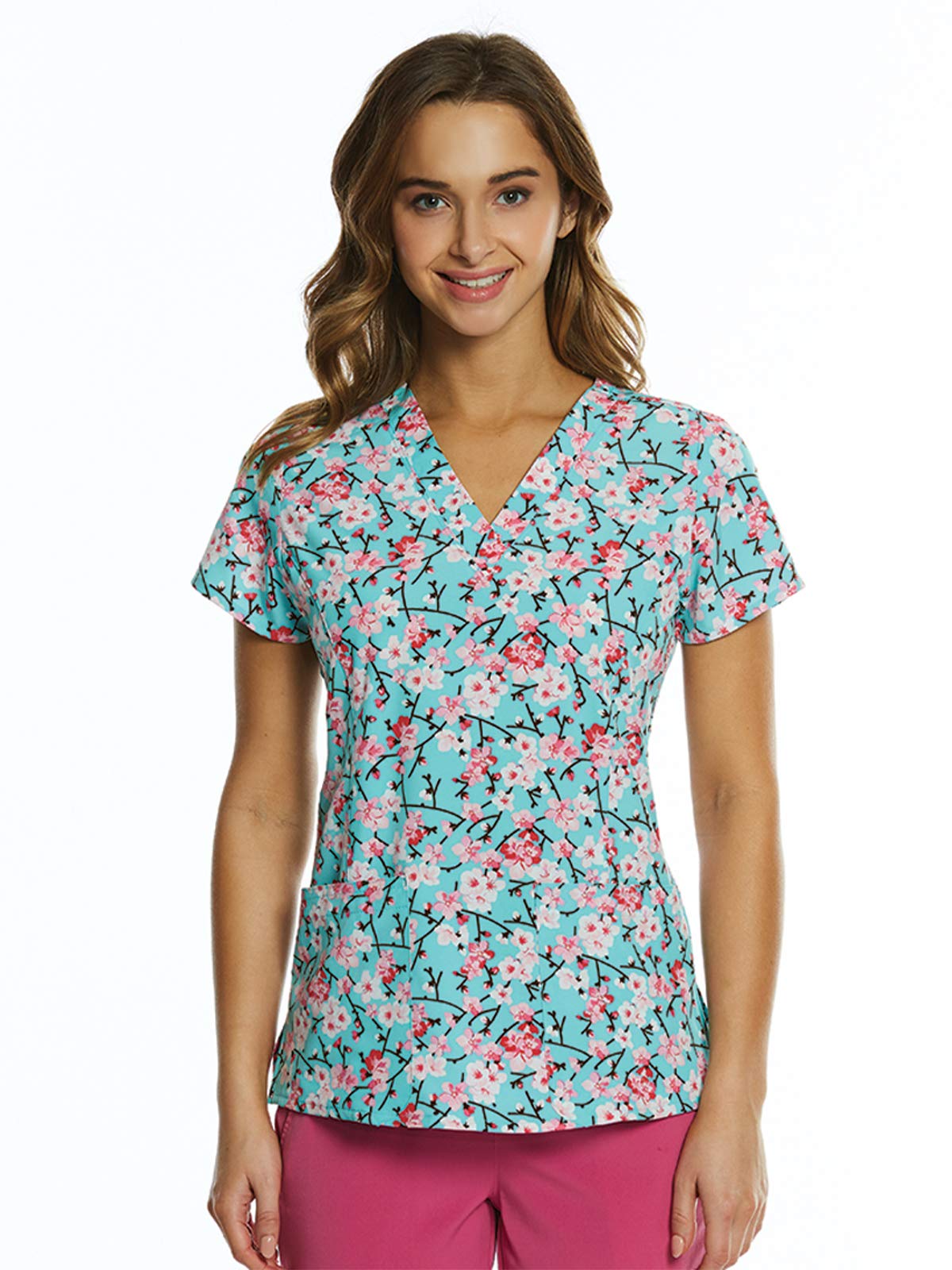 Stylish Maevn Tic Tac Donut Printed V-Neck Scrub Top for Women - Comfortable Medical Uniform for Nurses & Healthcare Professionals - Perfect for Hospital Shifts & Clinical Work