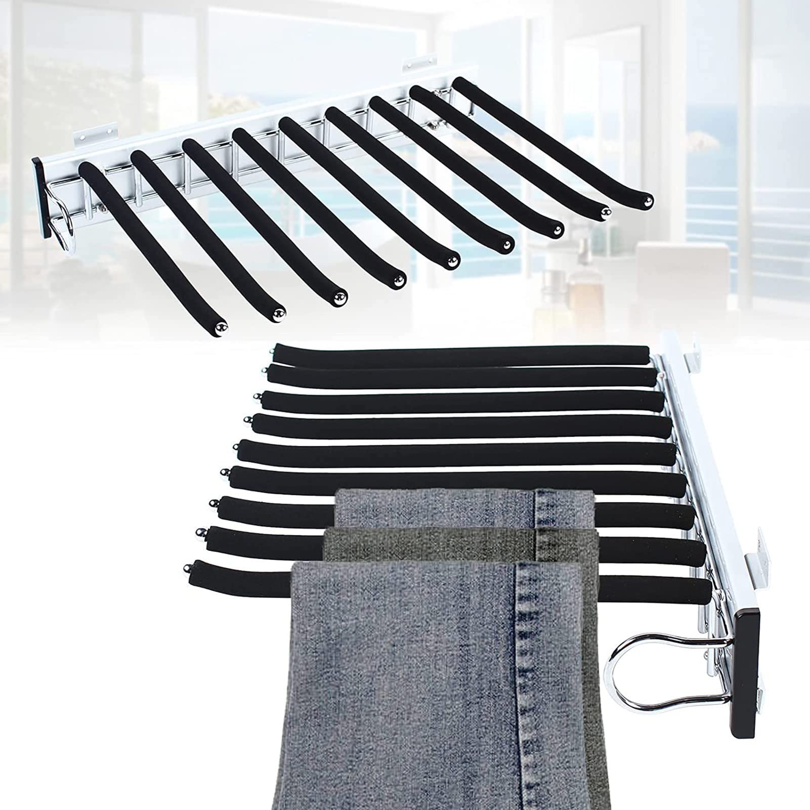 Space-Saving Slide-Out Pants Hanger Bar - 9-Arm Non-Slip Closet Organizer for Trousers & Clothes Storage (Right Mount) | Perfect for Small Closets, Walk-In Wardrobes & Apartment Organization
