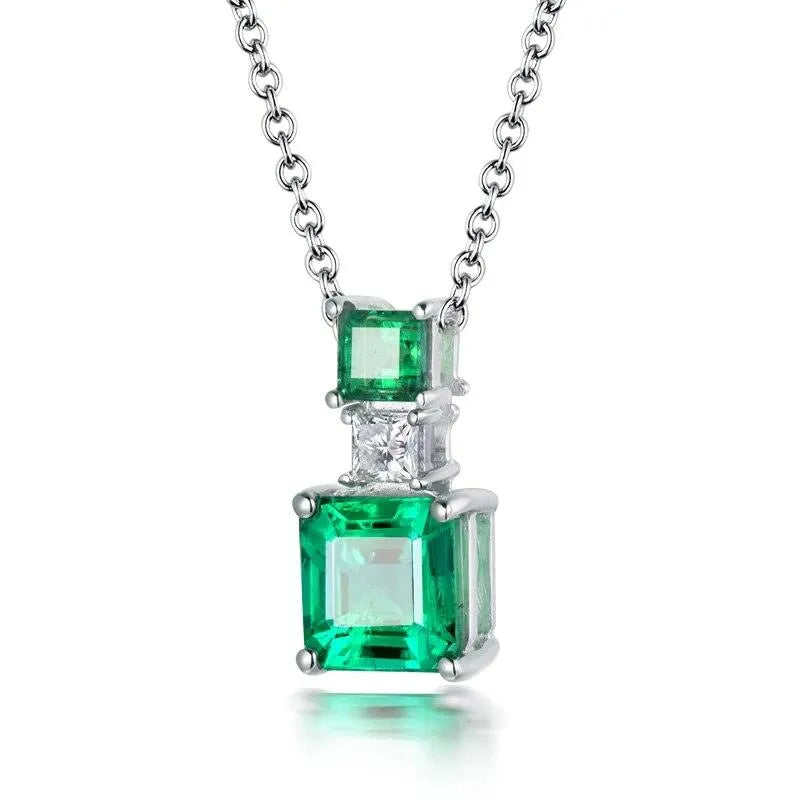18K White Gold Princess Cut Emerald Pendant with Natural Diamonds - Elegant Women's Jewelry Gift for Anniversary, Birthday & Special Occasions