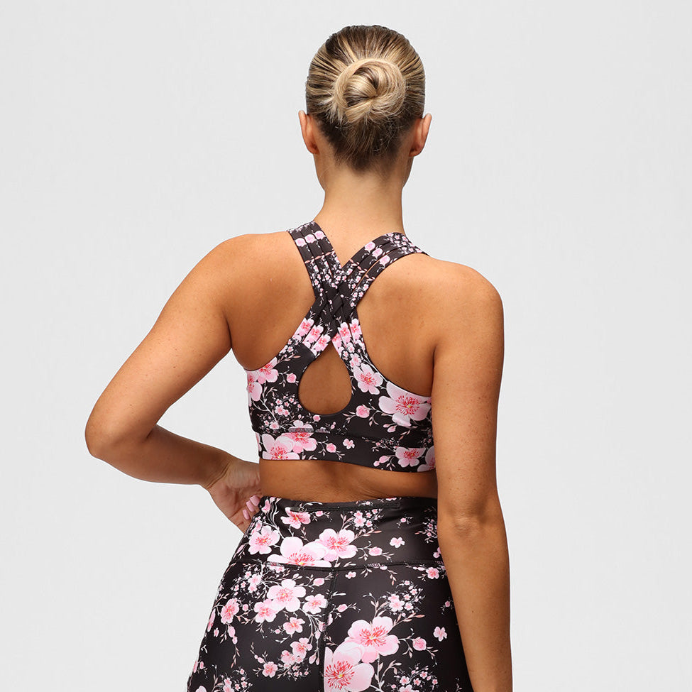 Blossom Noir Cross Back Bra - Women's Supportive & Comfortable Sports Bra for Yoga, Running & Workouts