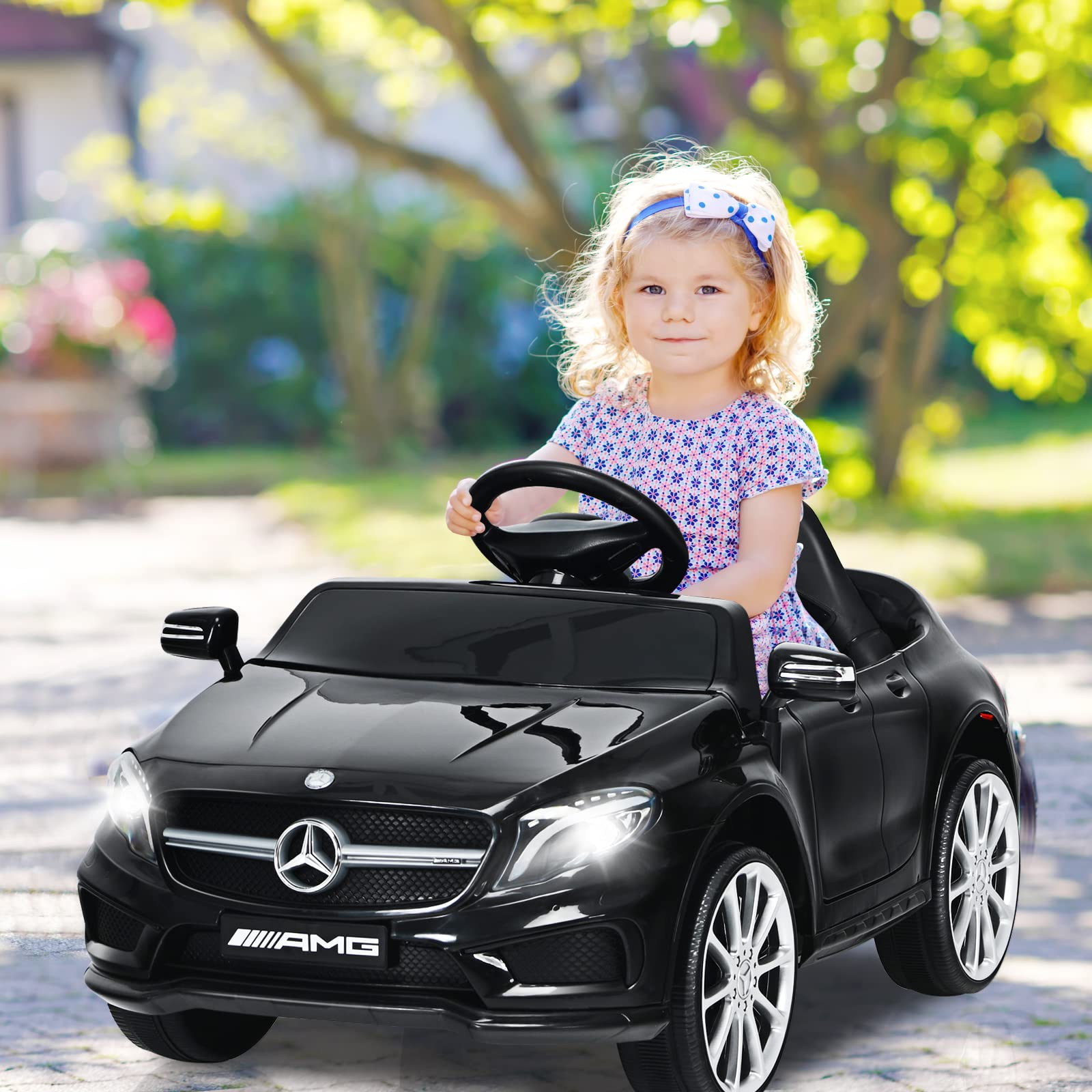 OLAKIDS 12V Licensed Mercedes Benz GLA45 Electric Ride On Car for Kids - Remote Control Battery Powered Toy with Music, USB, MP3, 2 Speeds, Wheels Suspension & LED Lights - Perfect for Indoor & Outdoor Play (Black)