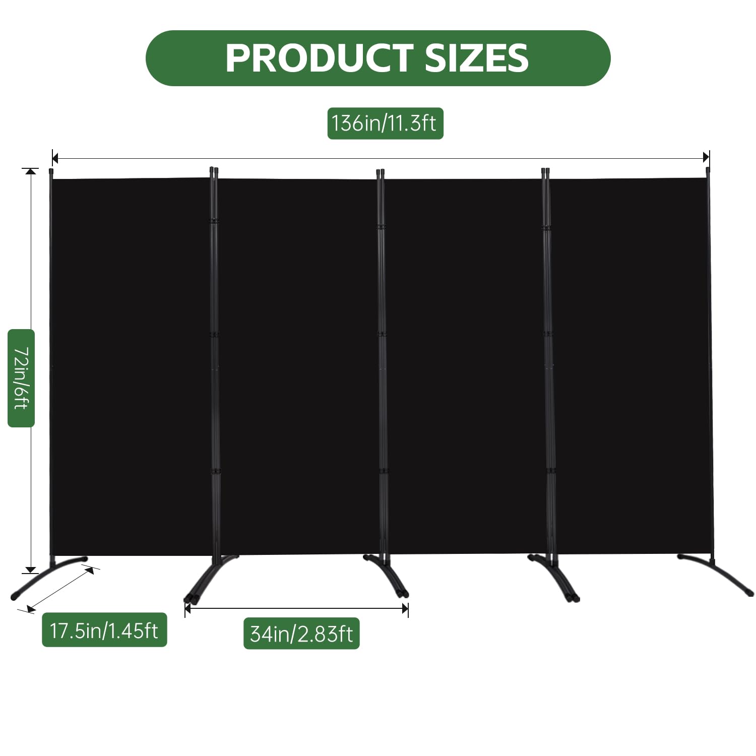 4-Panel Folding Room Divider Privacy Screen - Portable Freestanding Fabric Partition for Home, Office & Events - Black | Space Separation & Room Decor Solution