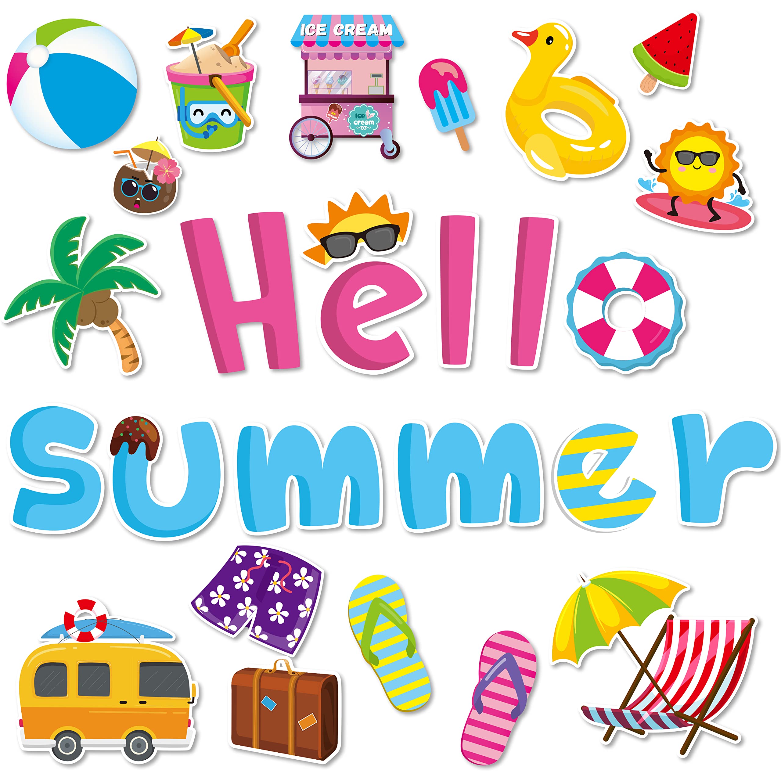 BeYumi 68Pcs Summer Bulletin Board Decorations Set - Tropical Beach Theme with Hawaiian, Ice Cream & Watermelon Cutouts - DIY Cardstock Paper Cutouts for Classroom, School & Kindergarten - Perfect for Summer Parties, Back to School Decor & Seasonal Bulletin Boards
