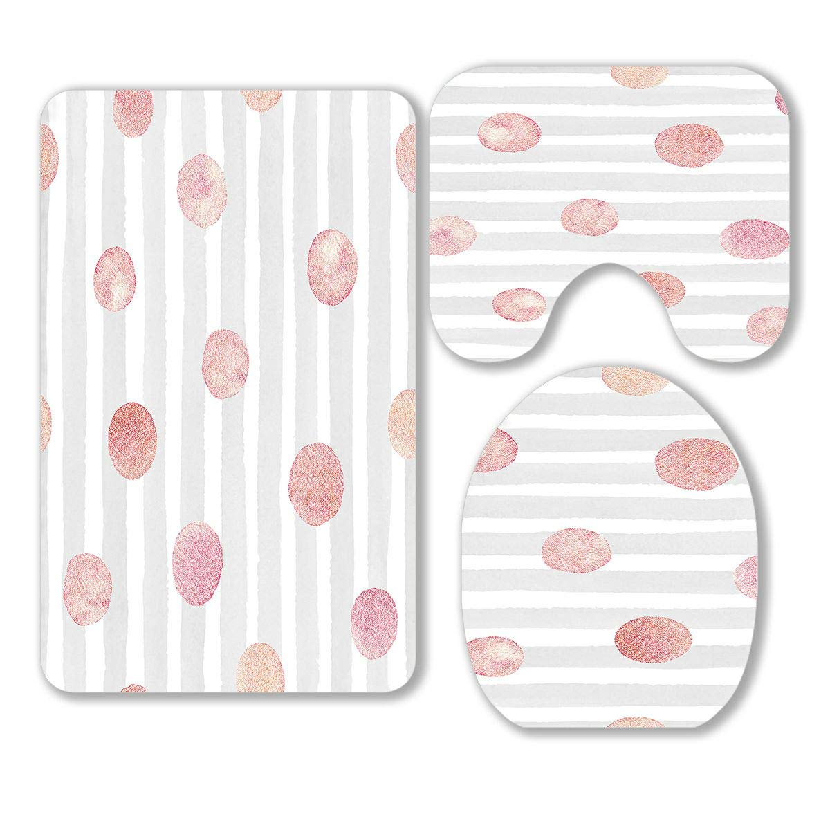 ABPHQTO 3-Piece Watercolor Stroke Bathroom Rug Set - Pink Glitter Textured Circles Contour Mat & Toilet Lid Cover | Non-Slip Soft Absorbent Rugs for Bathroom, Powder Room & Guest Bath Decor