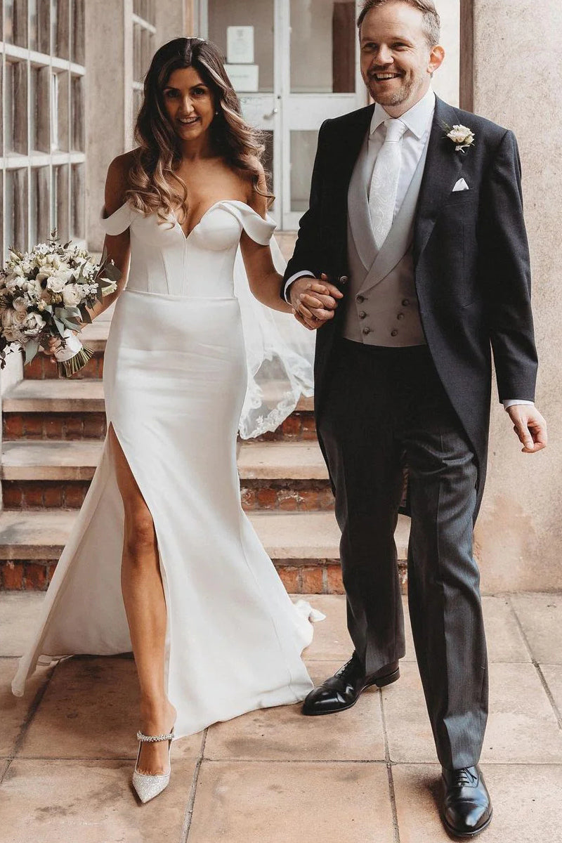 Elegant Off Shoulder Mermaid Wedding Dress with High Slit - Satin Minimalist Bridal Gown for Beach, Church & Formal Weddings