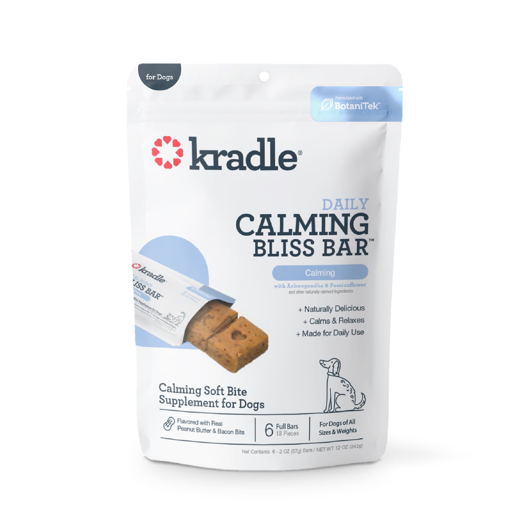 Kradle Bliss Bar Dog Calming Chews - Soft Bake Stress Relief Treats for Anxious Dogs - Human Grade Peanut Butter Bacon Flavor Calming Supplements with Chamomile & L-Tryptophan (6 Pack) - Perfect for Travel, Vet Visits & Fireworks Anxiety Relief