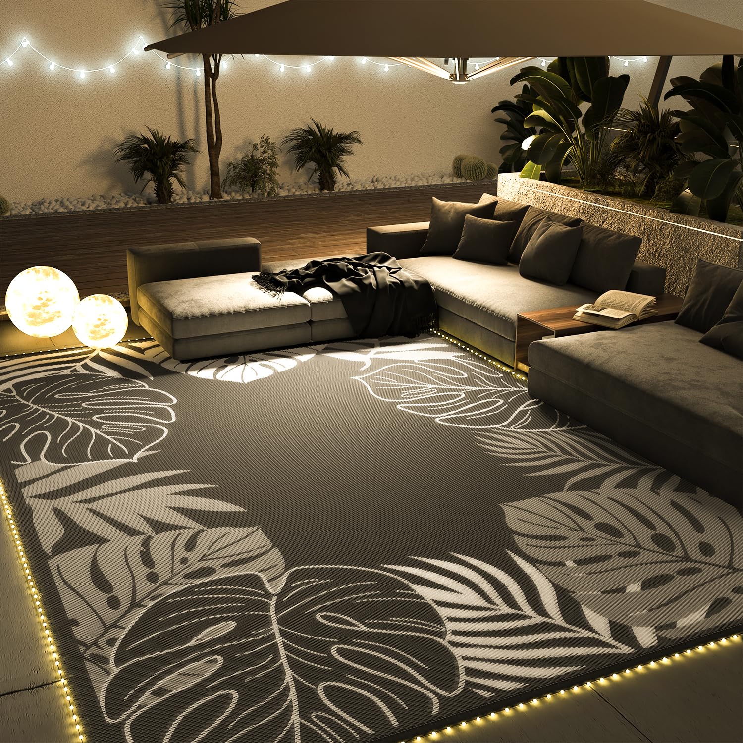 COCOER 8x10 Reversible Waterproof Outdoor Rug - Quick Dry Patio Carpet for Porch, Deck, Balcony & Backyard - Tropical Design Indoor/Outside Area Rugs - Perfect for Poolside, Garden & Summer Decor