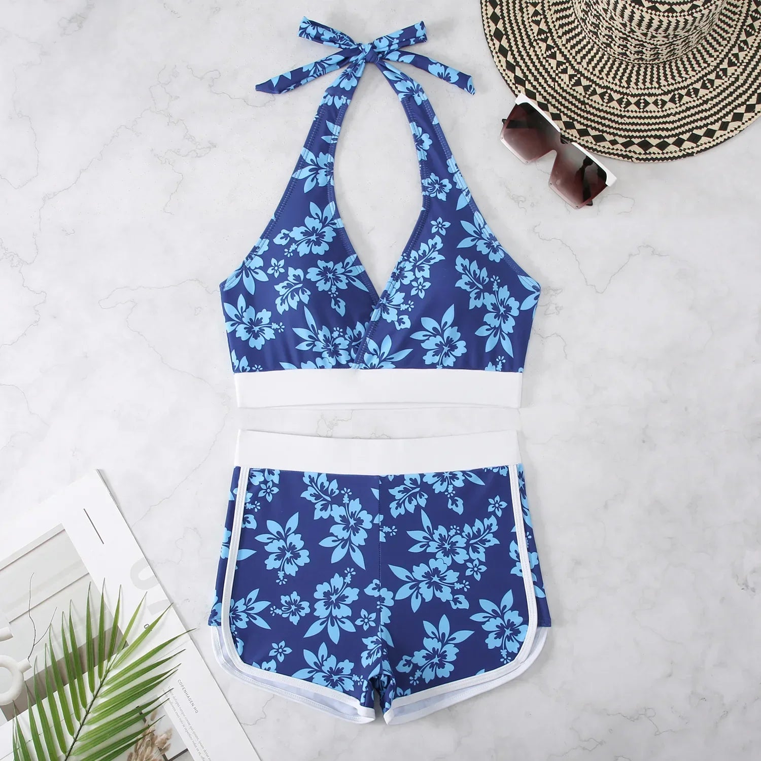 Women's Sexy High Waist V-Neck 2 Piece Tankini Bikini Set with Flower Print & Suspender Halter - Perfect for Summer Beach Vacations, Pool Parties, and Tropical Getaways