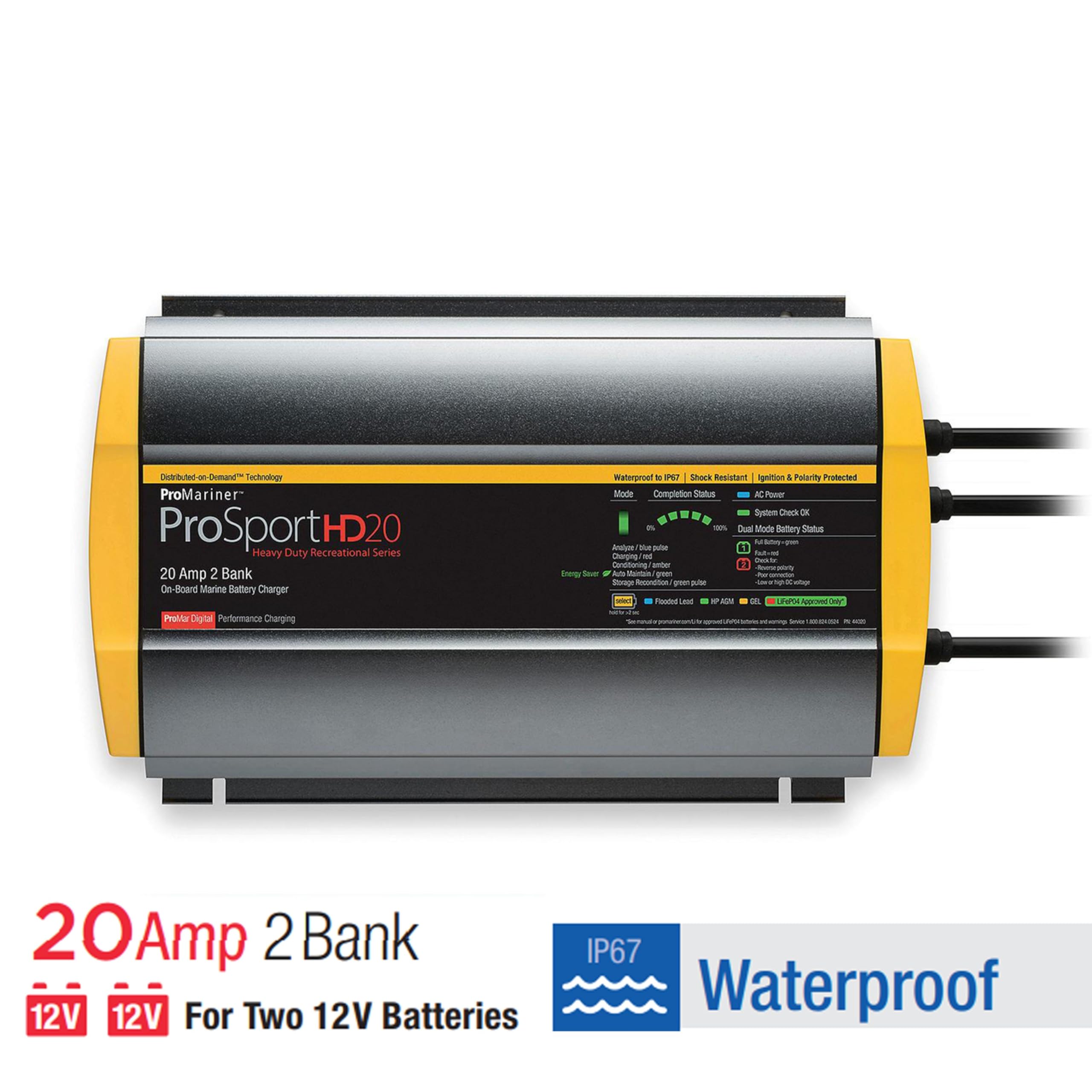 ProMariner 44020 ProSport HD 20 Amp 2 Bank Waterproof Marine Battery Charger - Perfect for Boats, Yachts & RVs - Fast Charging for Deep Cycle & AGM Batteries