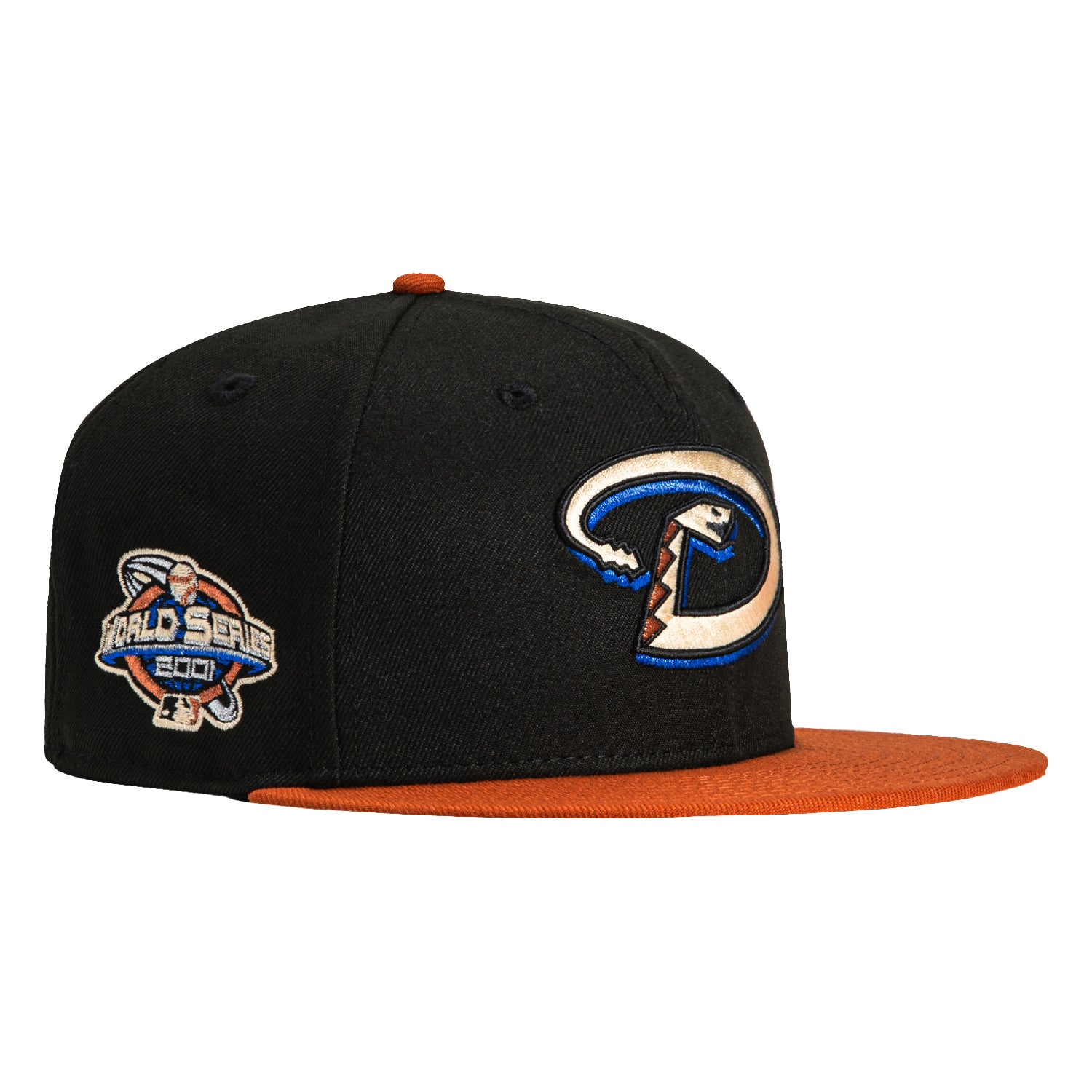 New Era 59Fifty Arizona Diamondbacks 2001 World Series Patch Snapback Hat - Black, Burnt Orange & Royal - Perfect for Baseball Games, Fan Collections & Streetwear Fashion